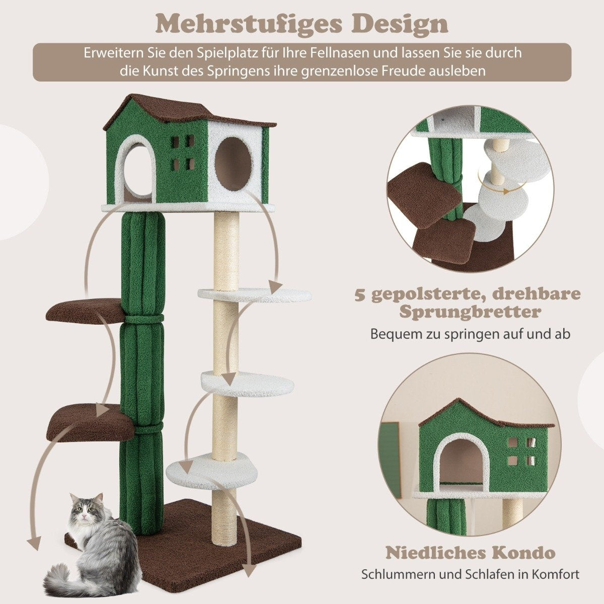 Multi-level scratching post, stable cat scratching post with sisal-covered scratching posts & 5 plush platforms, cat furniture 153cm