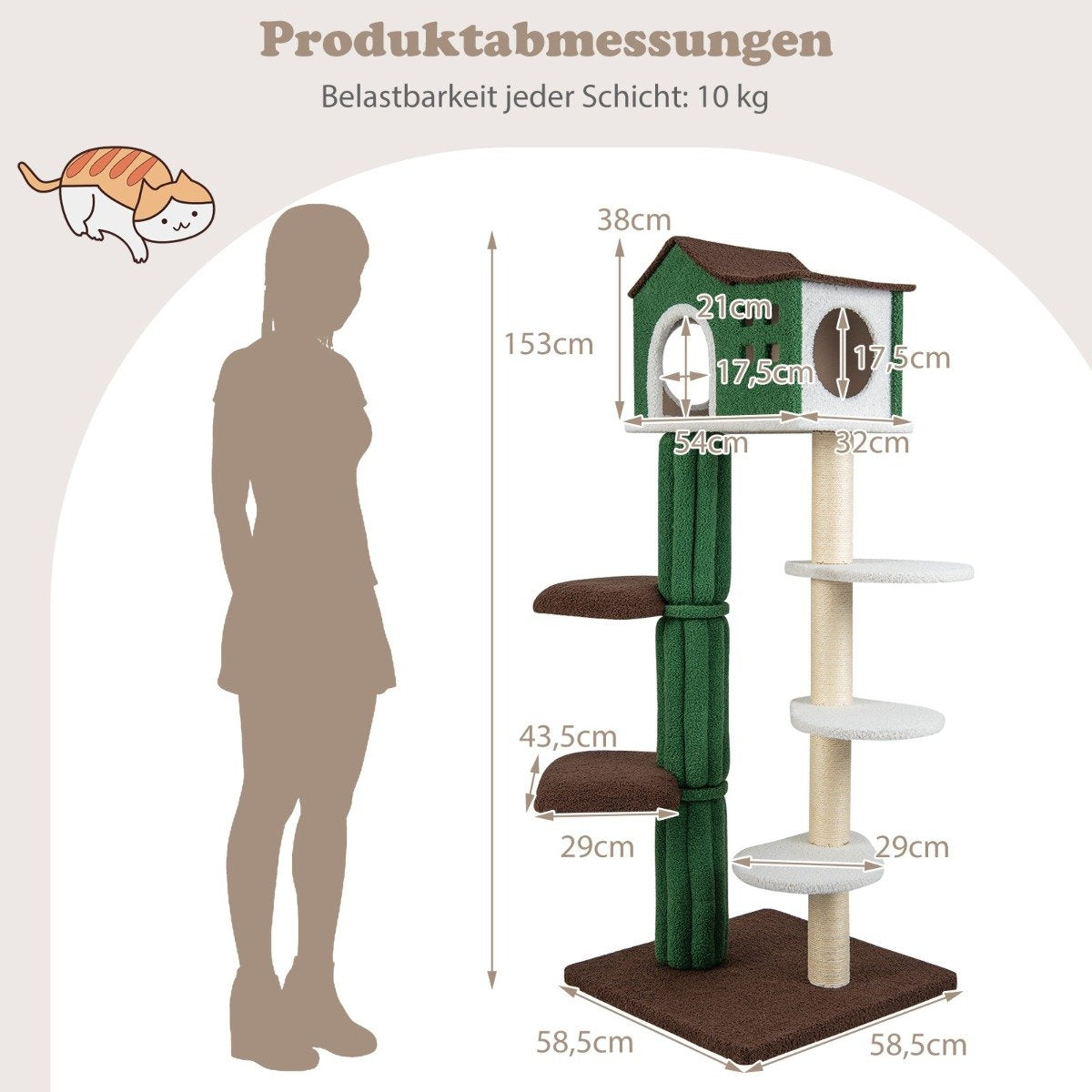 Multi-level scratching post, stable cat scratching post with sisal-covered scratching posts & 5 plush platforms, cat furniture 153cm
