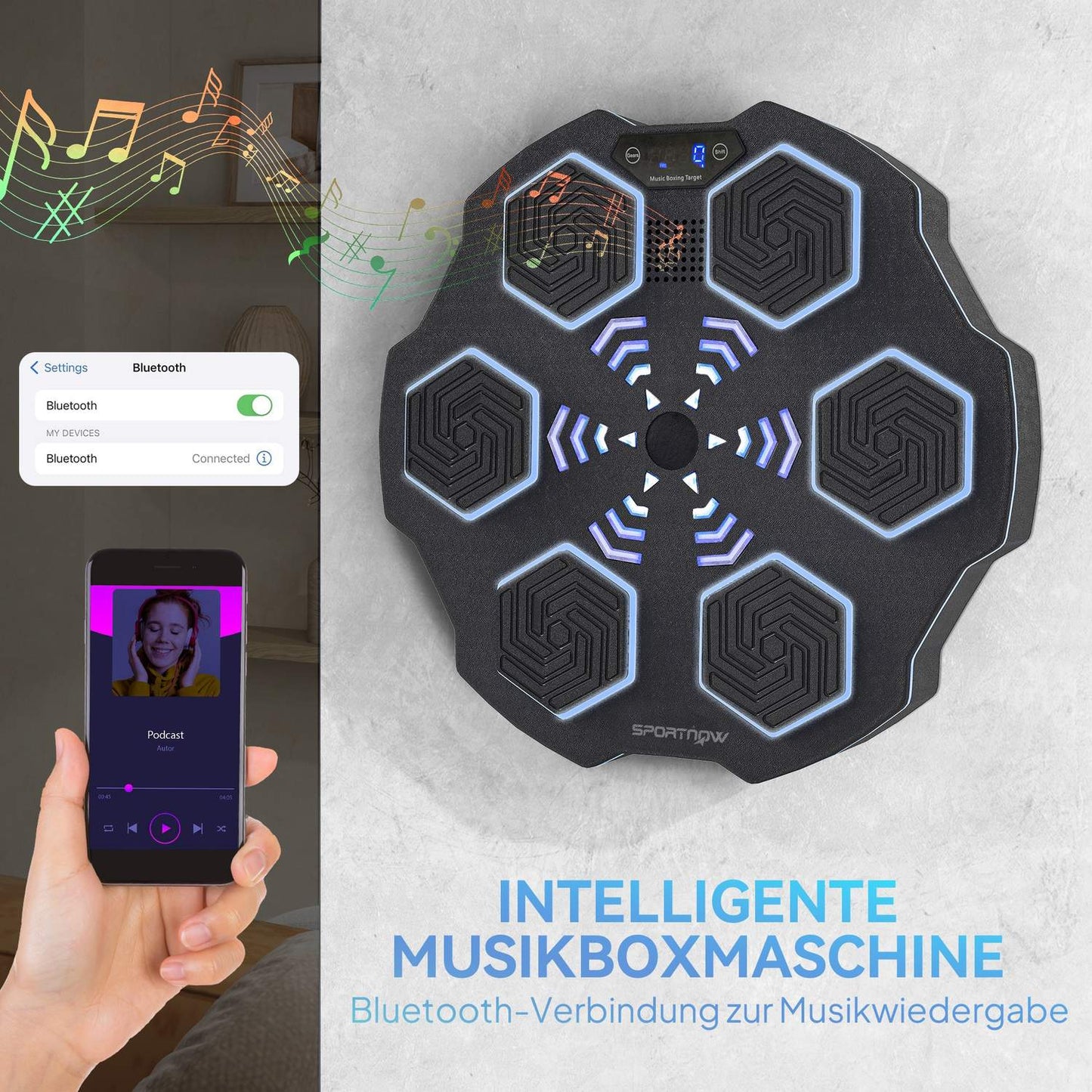 Music Boxing Wall, Bluetooth, 9 Speeds, LED Display, Black