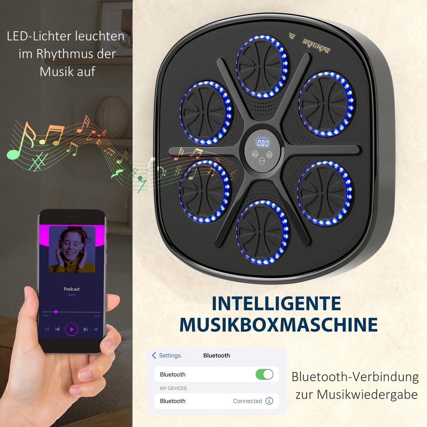 Music Boxing Machine, Electronic Bluetooth Boxing Machine with LED Lights, Music, Wall Mounted Boxing Target for Adults, Home Exercise, Black