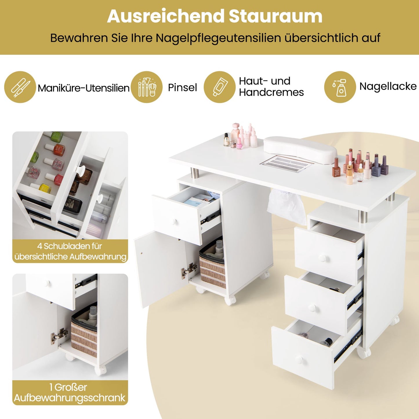 Nail Table with Electric Dust Collector & Storage, White