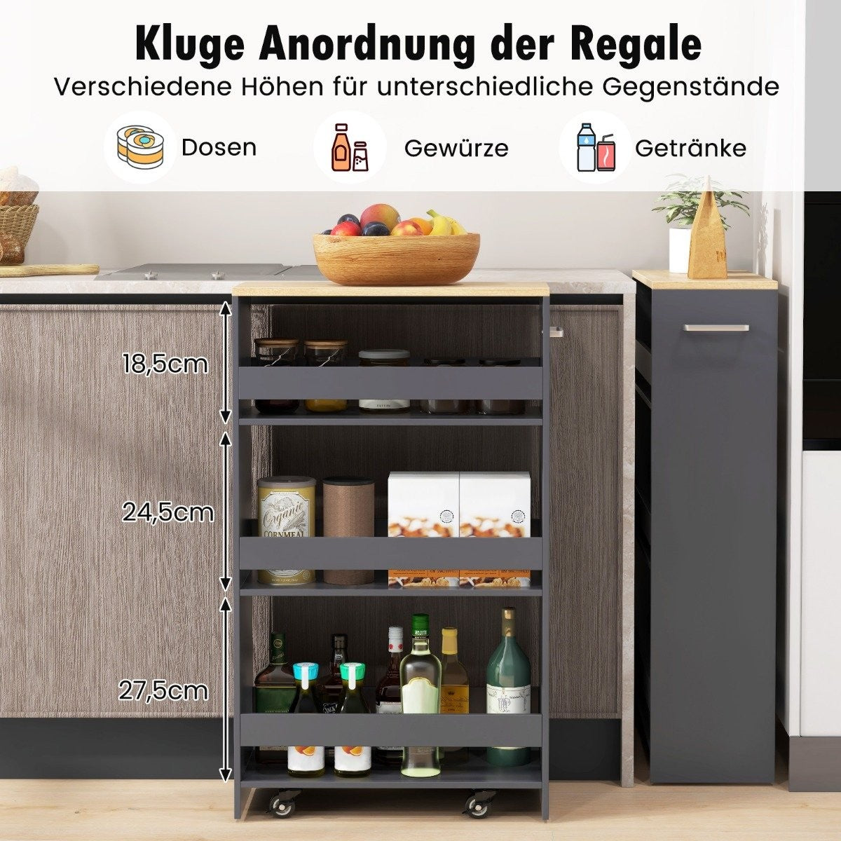 Narrow 4-Tier Kitchen Trolley, 20cm Wide, Grey, on Wheels