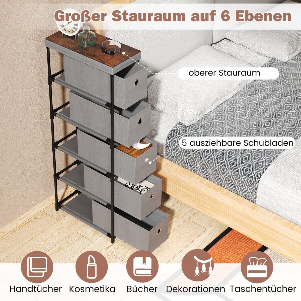 Narrow 5-Drawer Storage Tower, Metal Frame, Wood Top