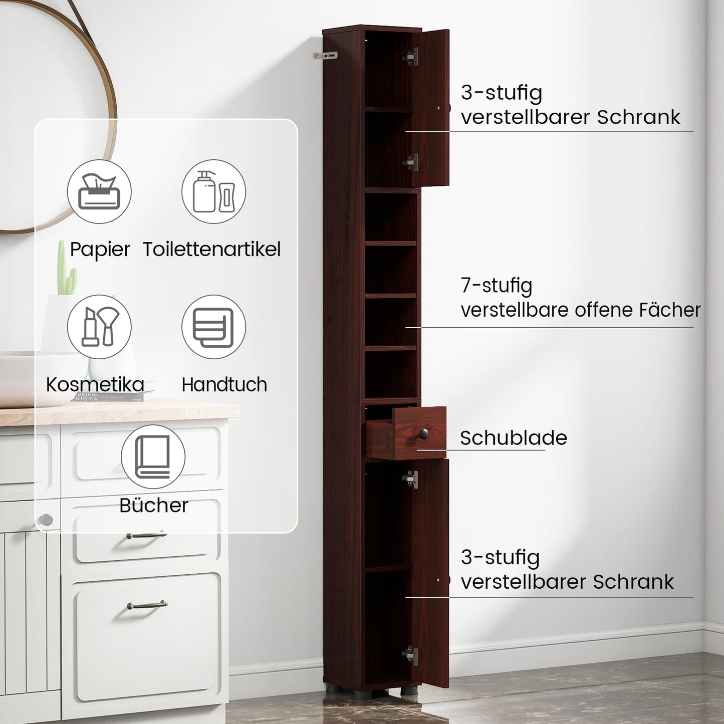 Narrow Bathroom Cabinet with Adjustable Shelves, Drawer