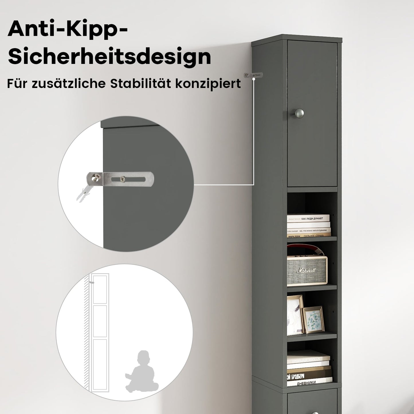 Narrow Bathroom Cabinet with Adjustable Shelves, Gray
