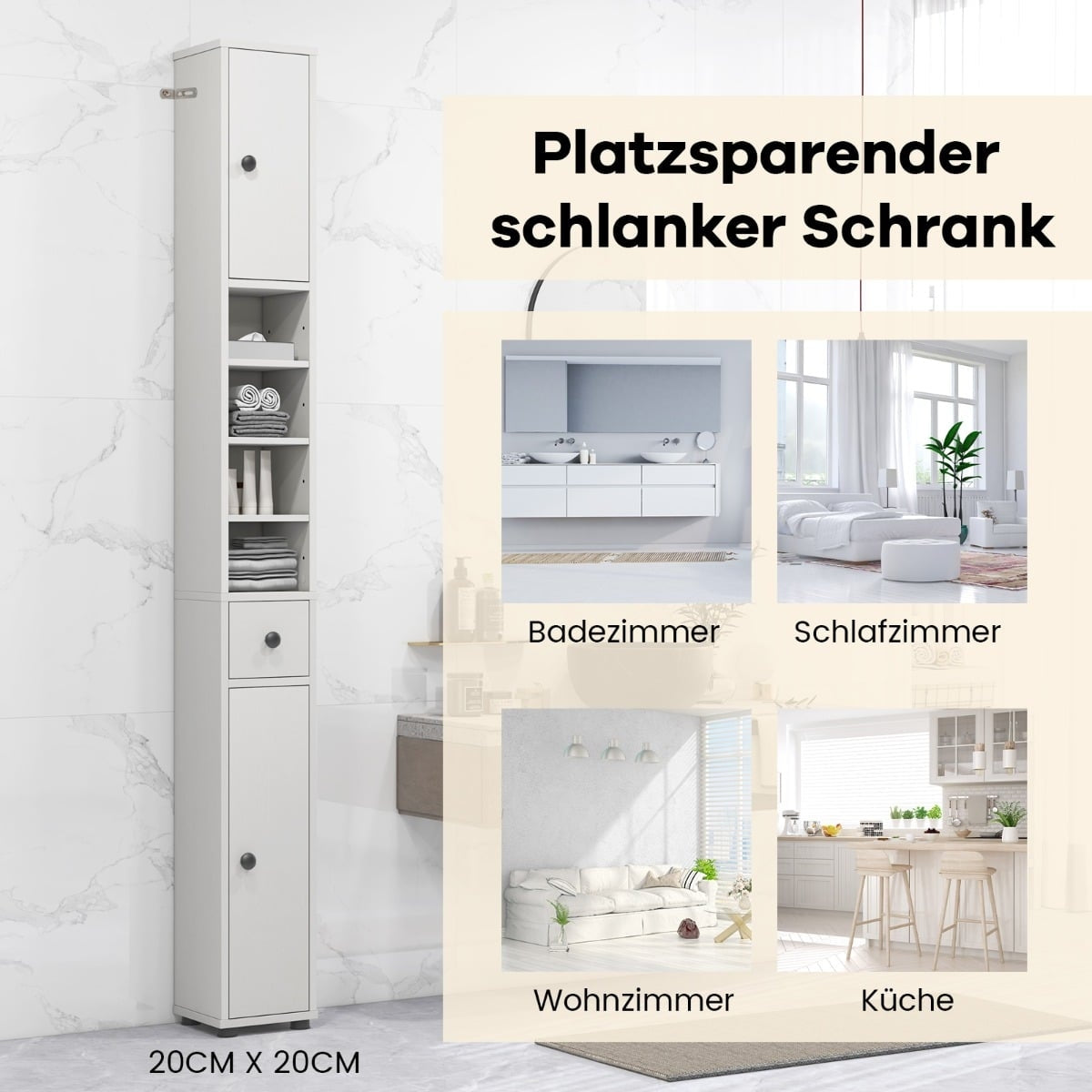 Narrow Bathroom Cabinet with Adjustable Shelves, White