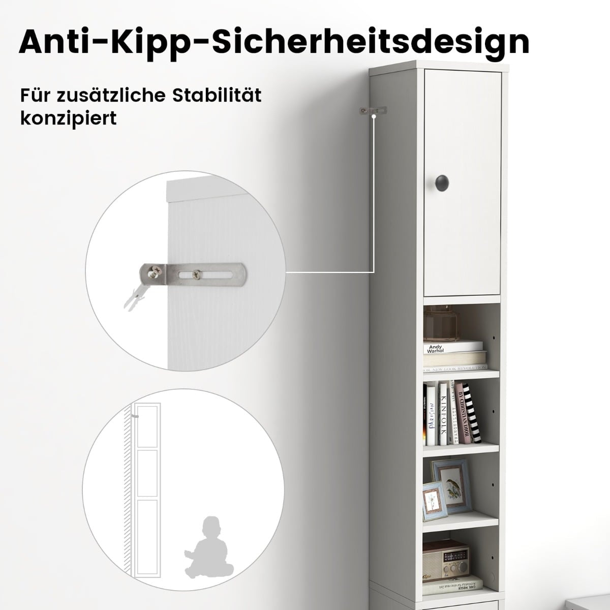 Narrow Bathroom Cabinet with Adjustable Shelves, White