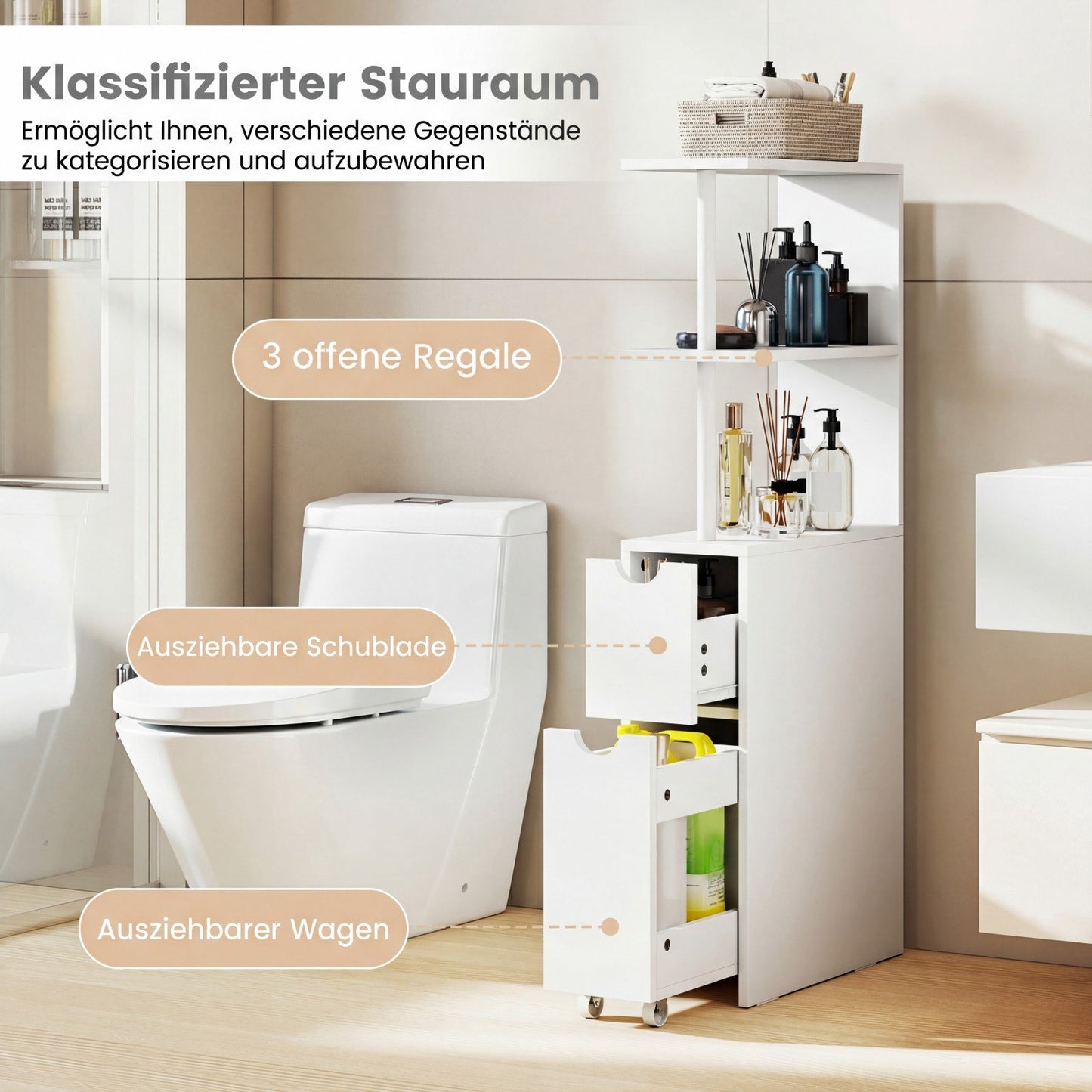 Narrow Bathroom Cabinet with Shelves & Drawer, 45x20x114 cm