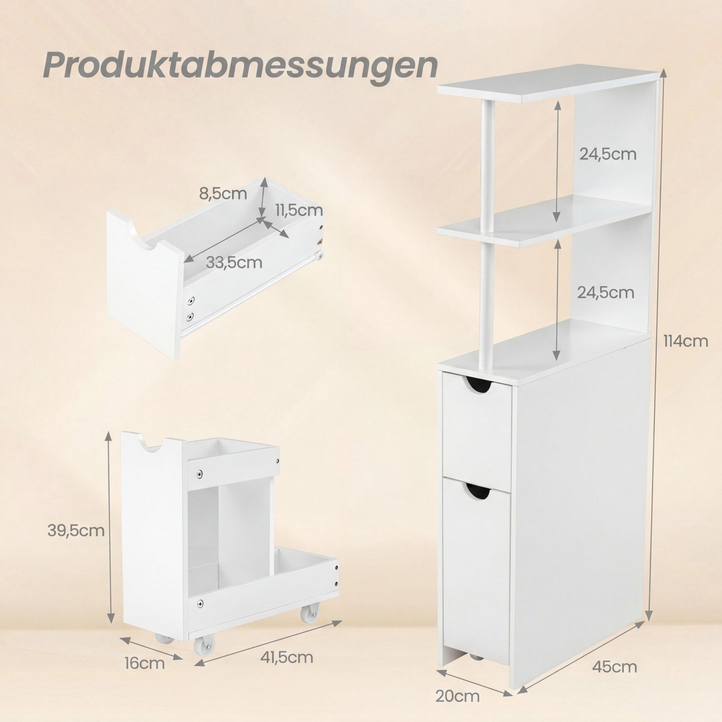 Narrow Bathroom Cabinet with Shelves & Drawer, 45x20x114 cm