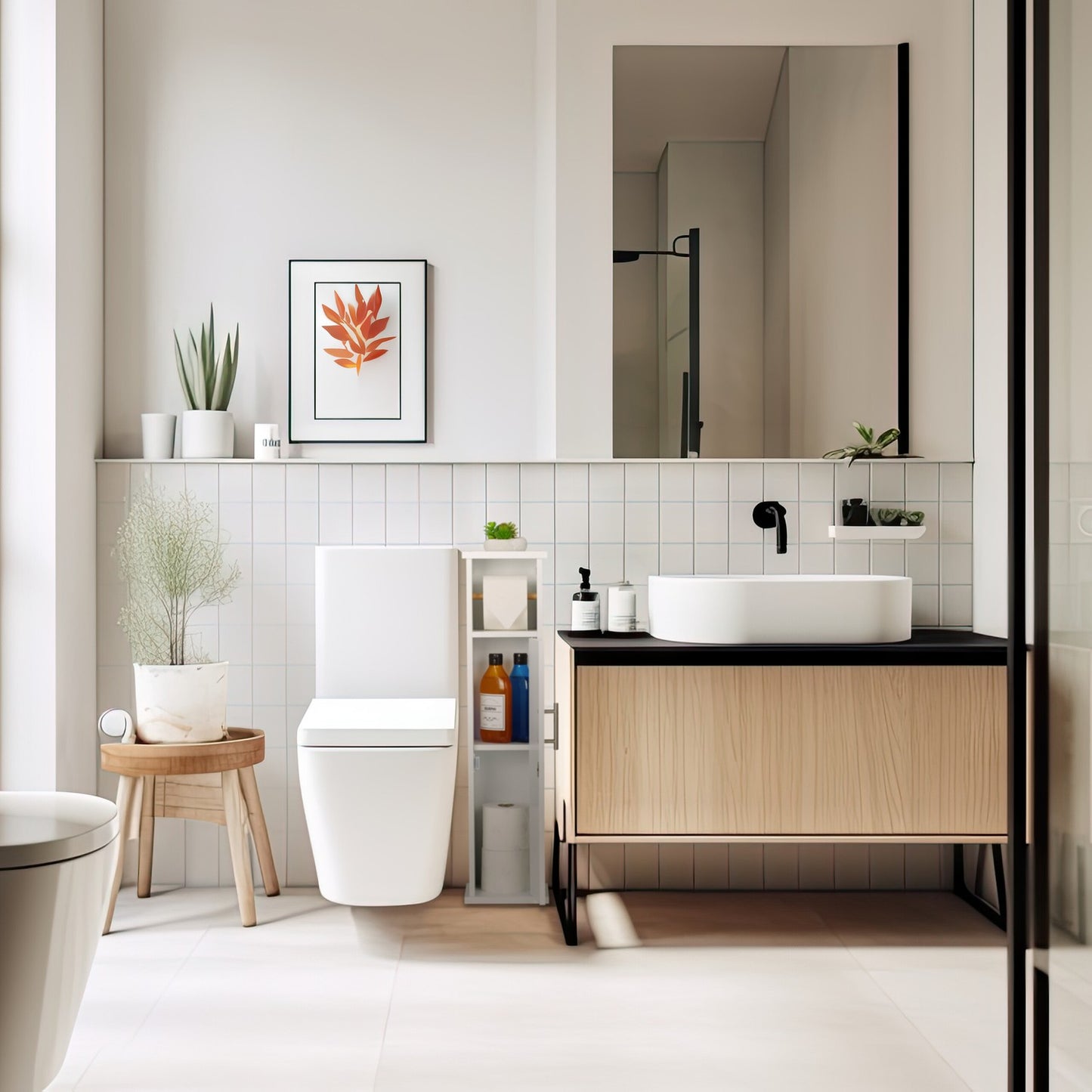 Narrow Bathroom Cabinet with Toilet Paper Holder