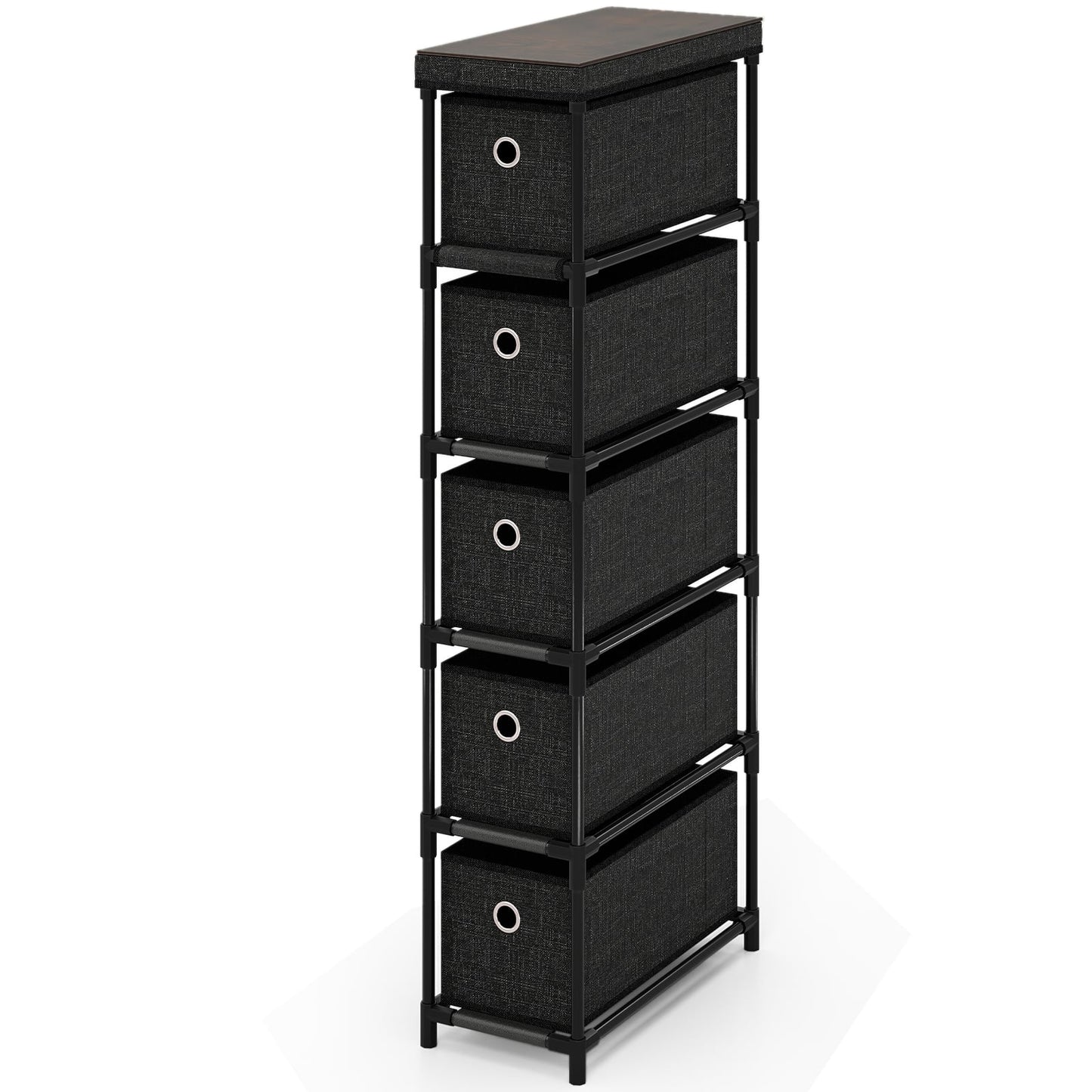 Narrow Black Storage Tower with 5 Drawers, Metal Frame