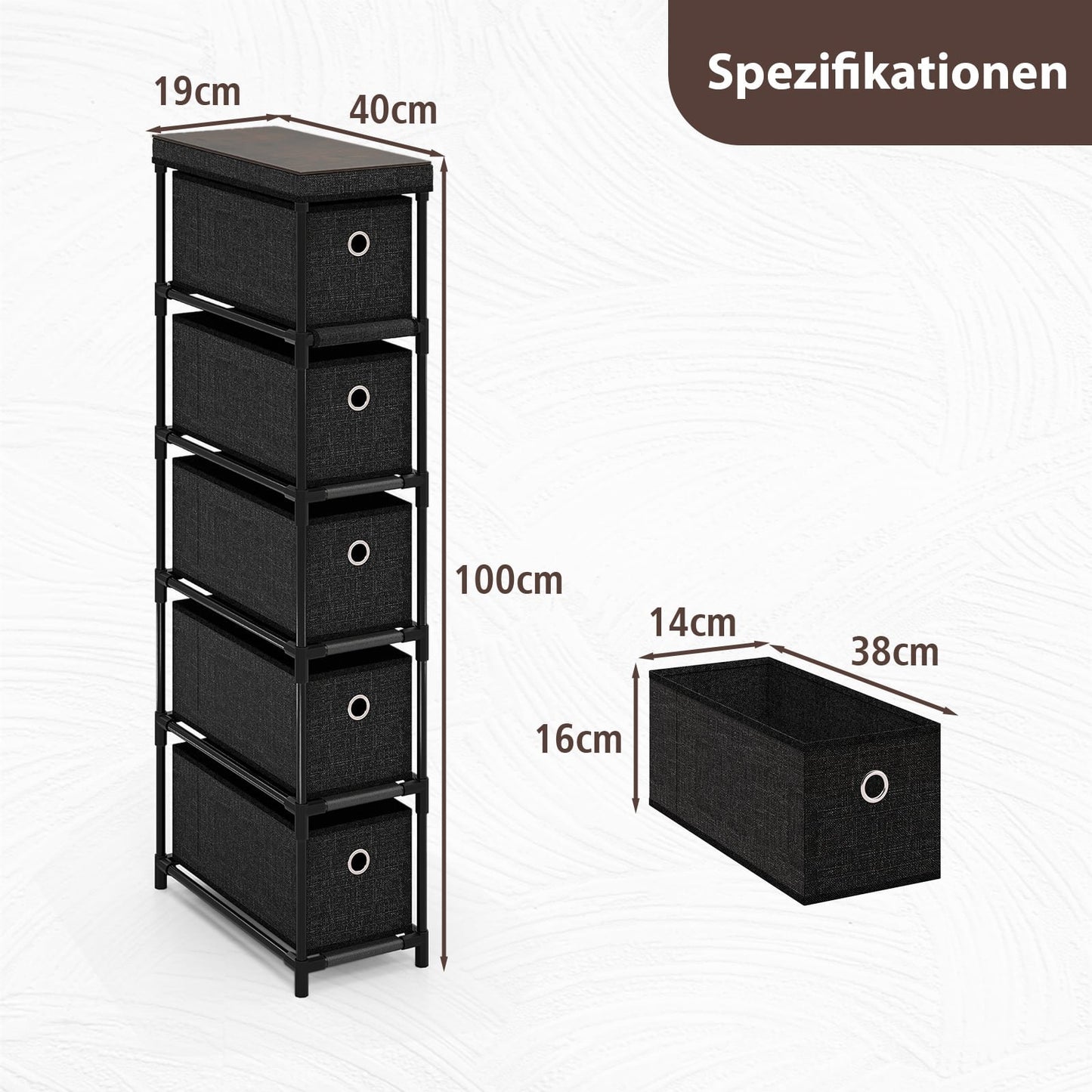 Narrow Black Storage Tower with 5 Drawers, Metal Frame