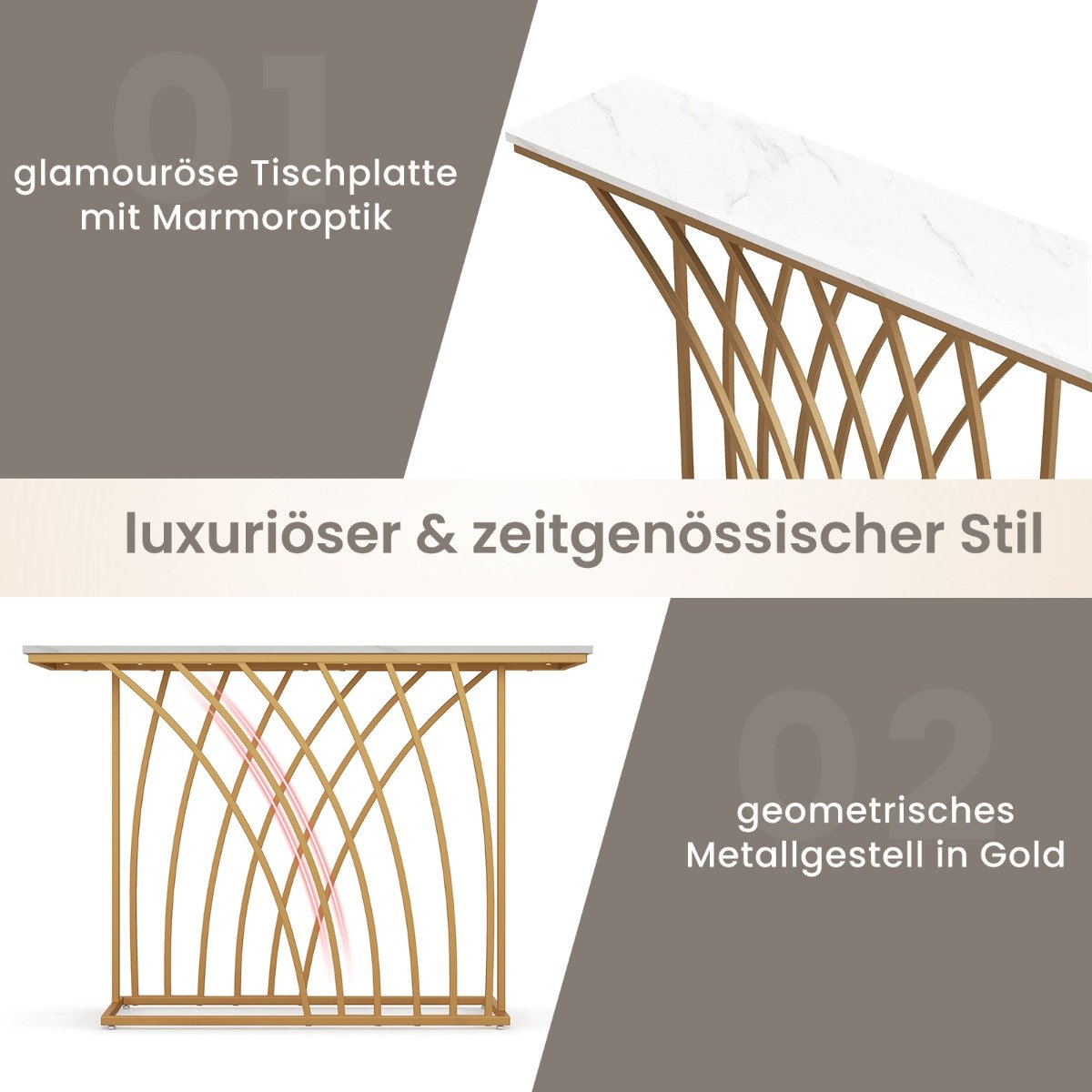 Narrow Console Table, Faux Marble Top, Gold Metal Frame