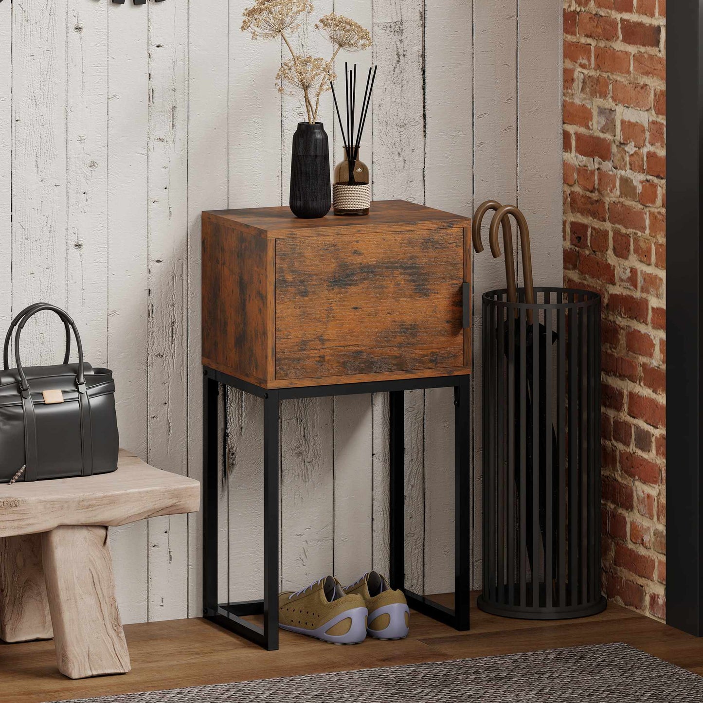 Narrow Console Table, Industrial Design, Rustic Brown, 40x30x76cm