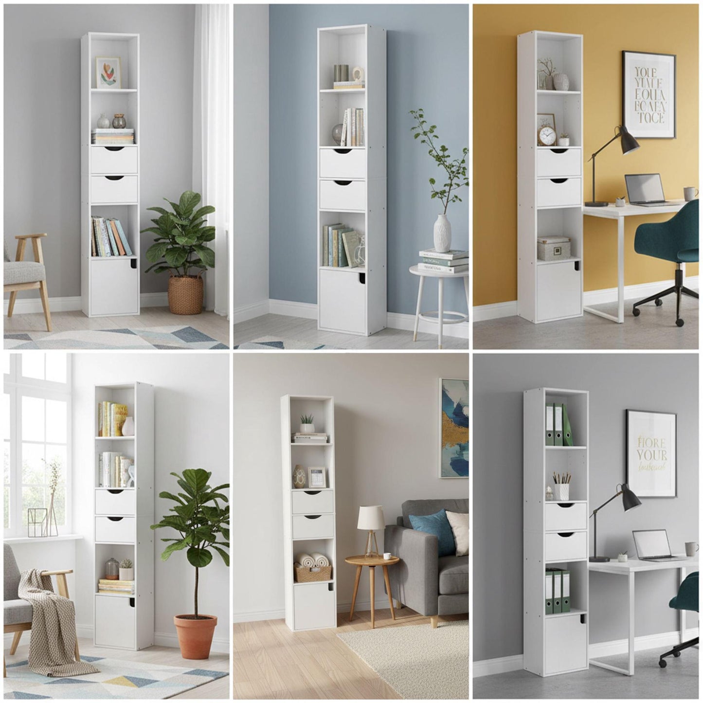 Narrow Freestanding Bookcase with Drawers and Cupboard