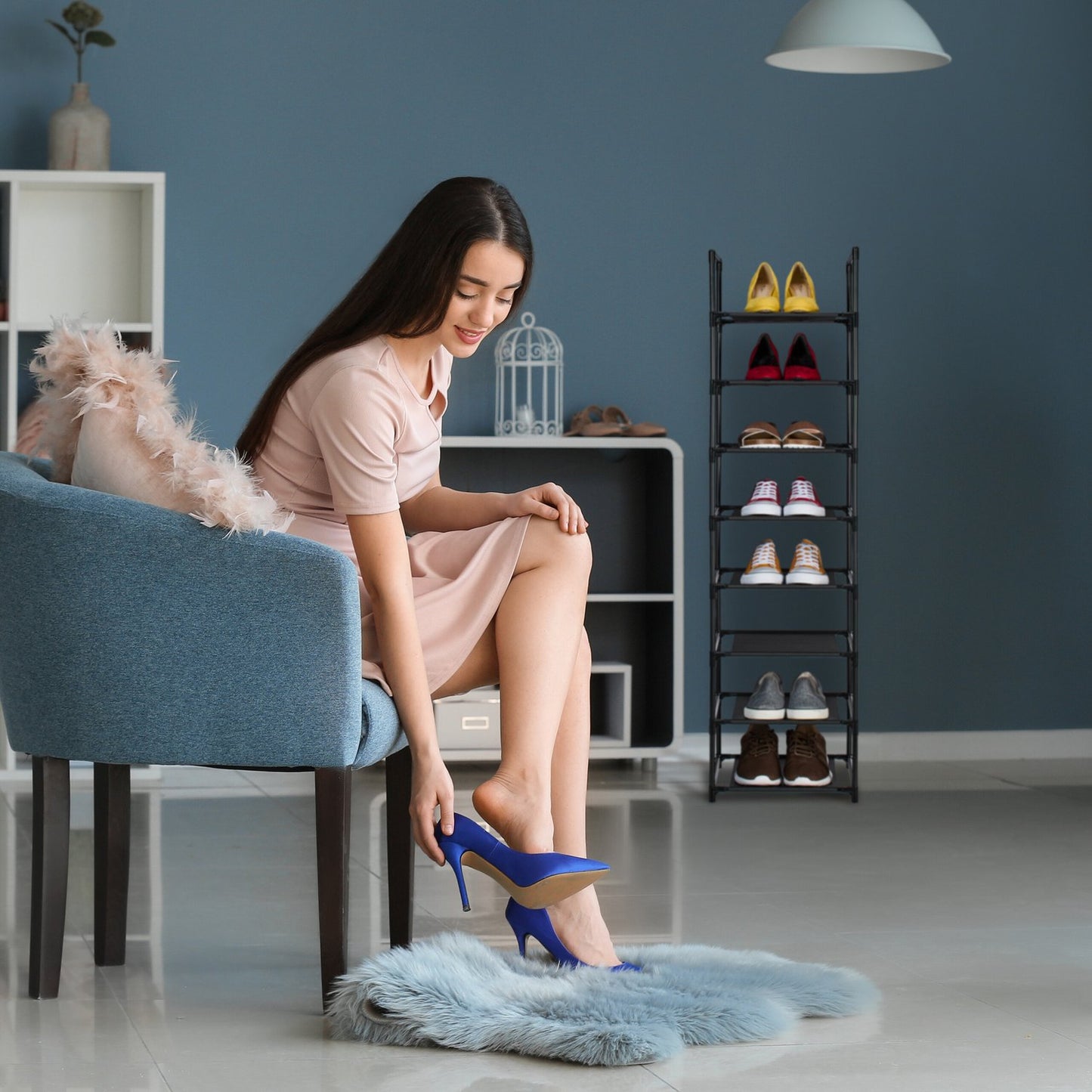 Narrow Shoe Rack with Fabric Shelves, Space-Saving
