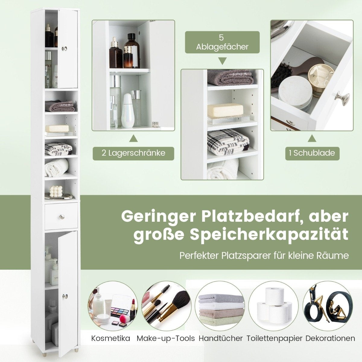 Narrow bathroom cabinet tall cabinet with 2 doors & 1 drawer 20 x 20 x 180 cm white