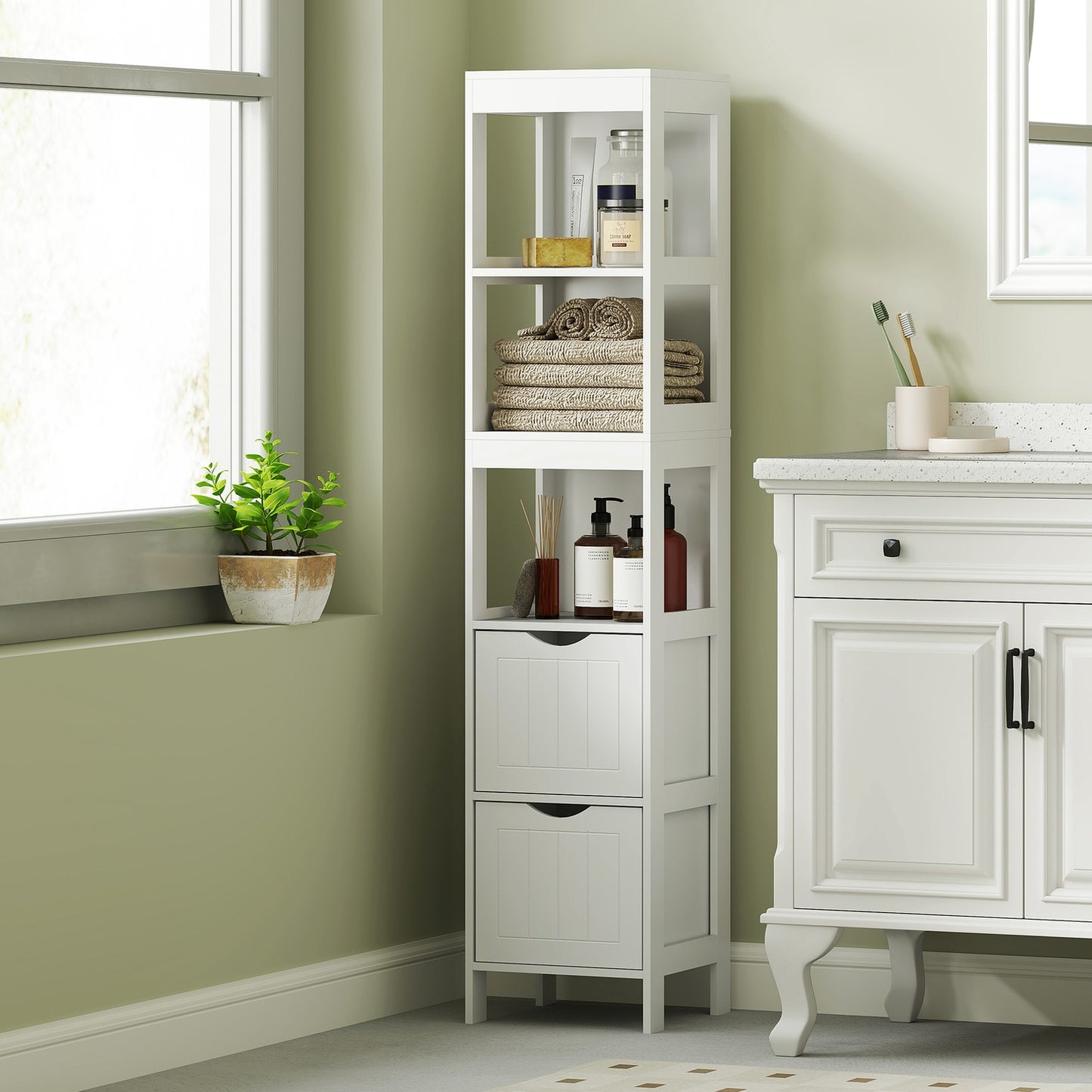 Tall narrow white bathroom cabinet, 2 drawers & shelves