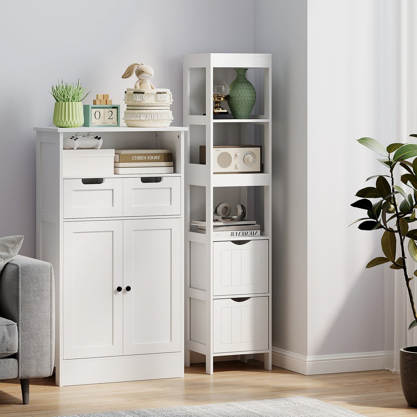 Tall narrow white bathroom cabinet, 2 drawers & shelves