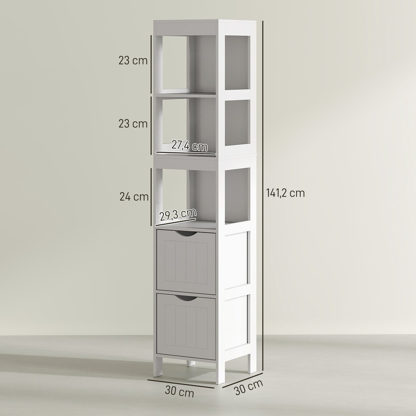 Tall narrow white bathroom cabinet, 2 drawers & shelves