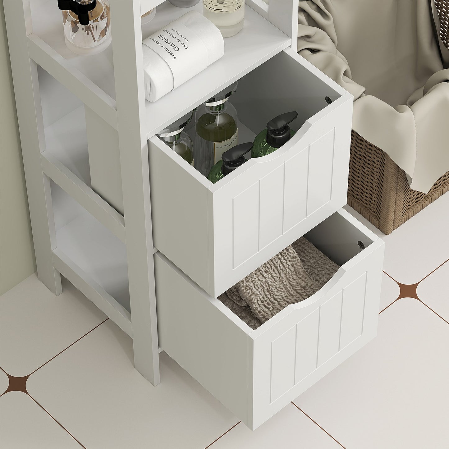 Tall narrow white bathroom cabinet, 2 drawers & shelves