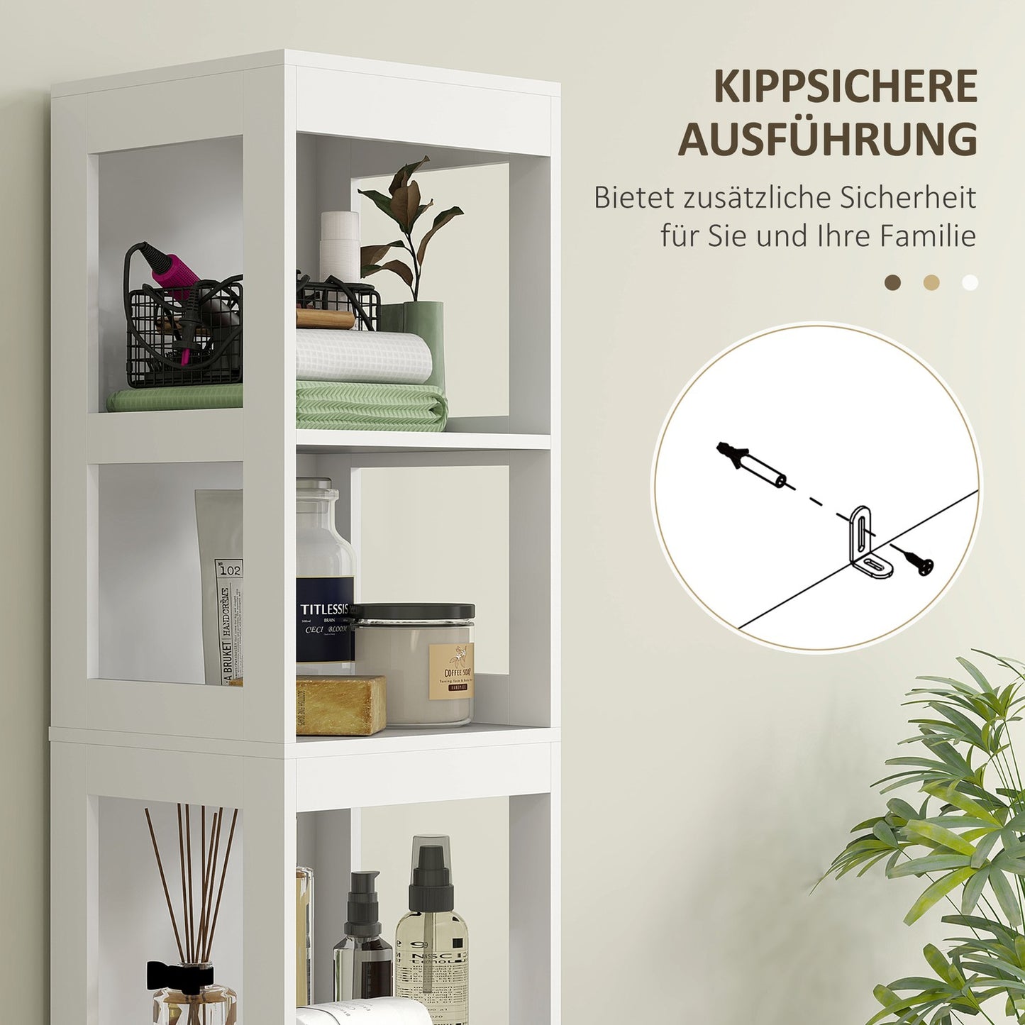Tall narrow white bathroom cabinet, 2 drawers & shelves
