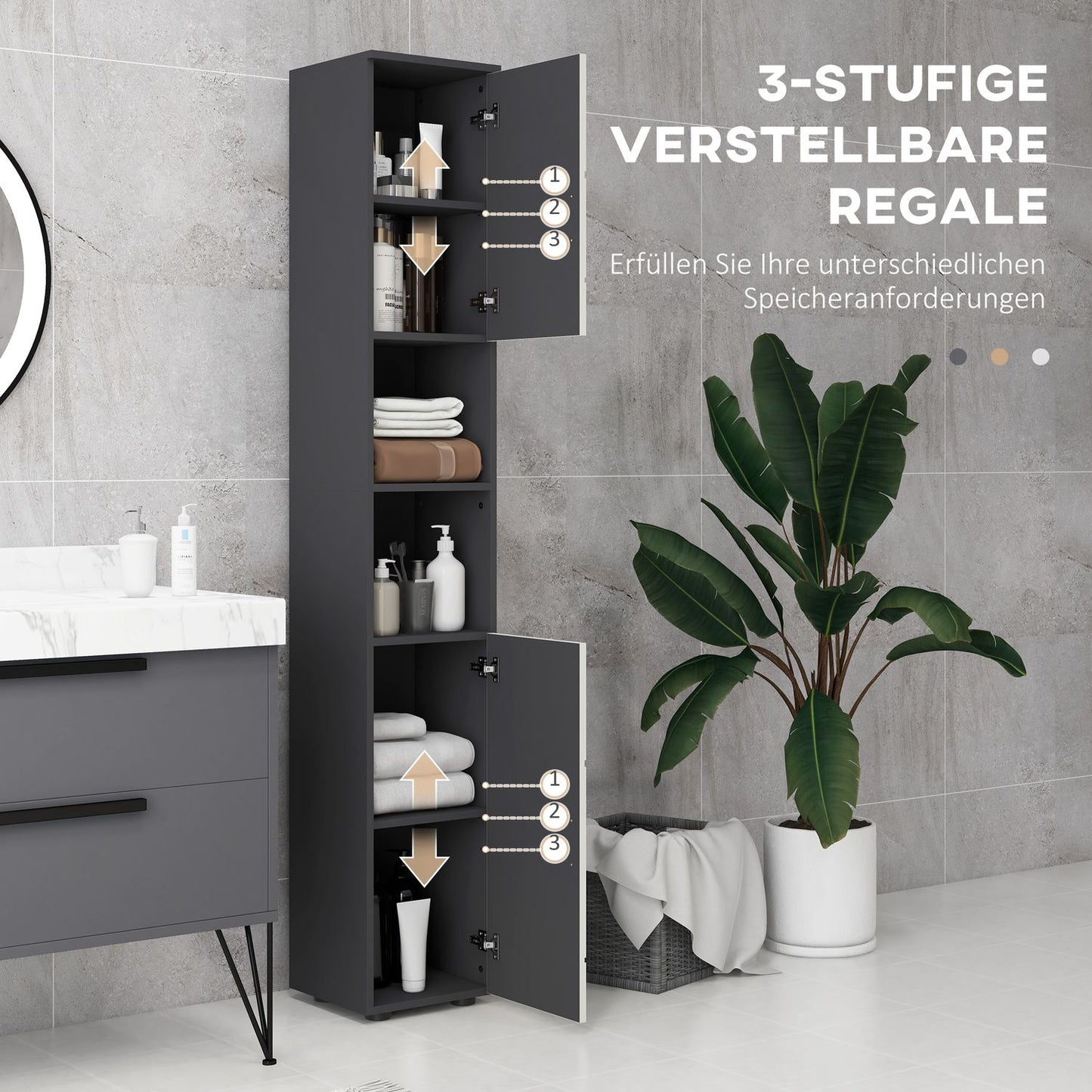 Tall narrow bathroom cabinet - adjustable shelf, gray