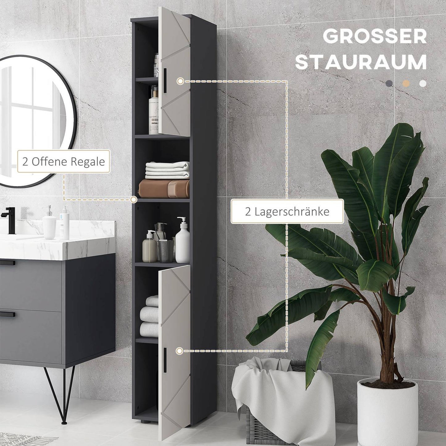 Tall narrow bathroom cabinet - adjustable shelf, gray