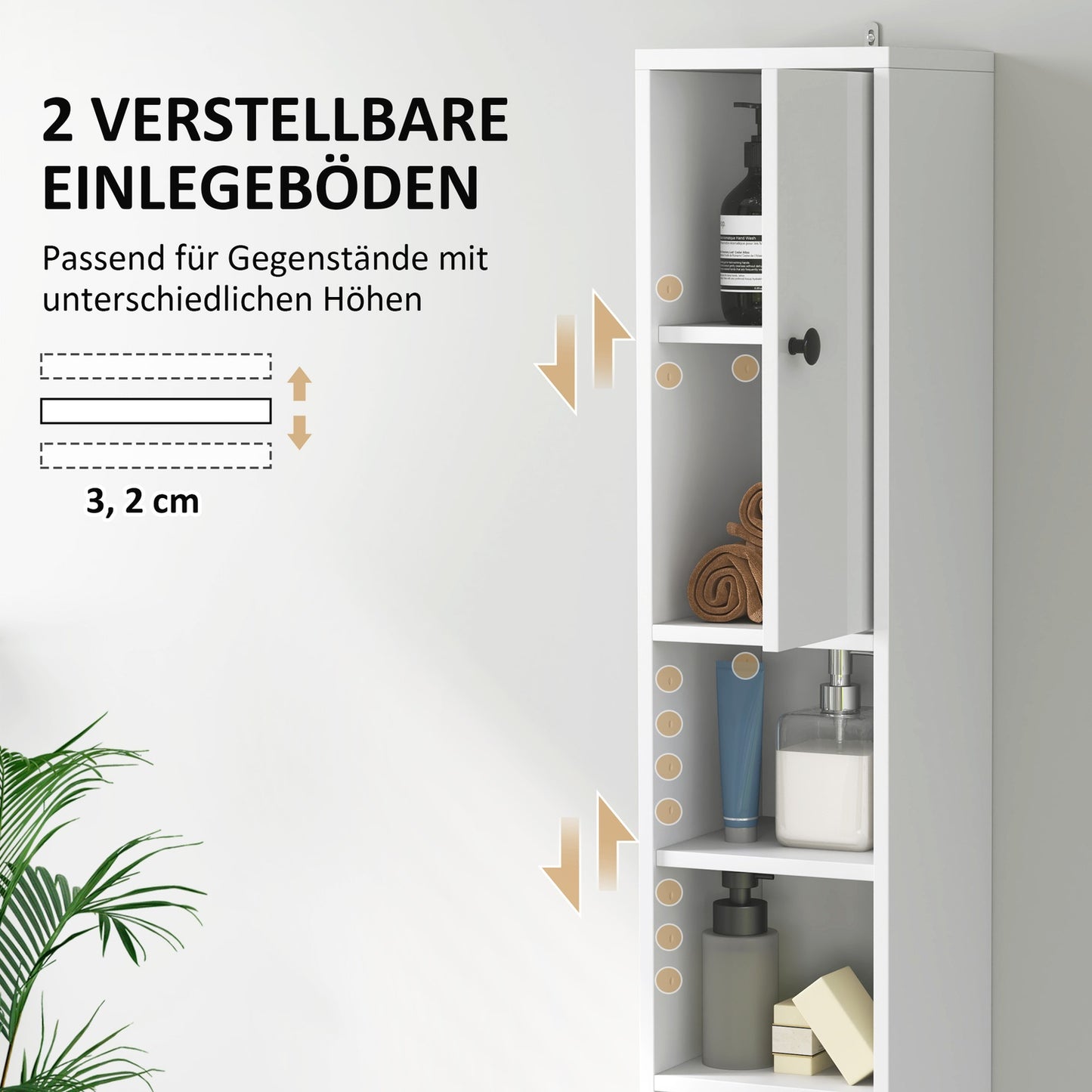 Tall narrow bathroom cabinet, adjustable shelf, white