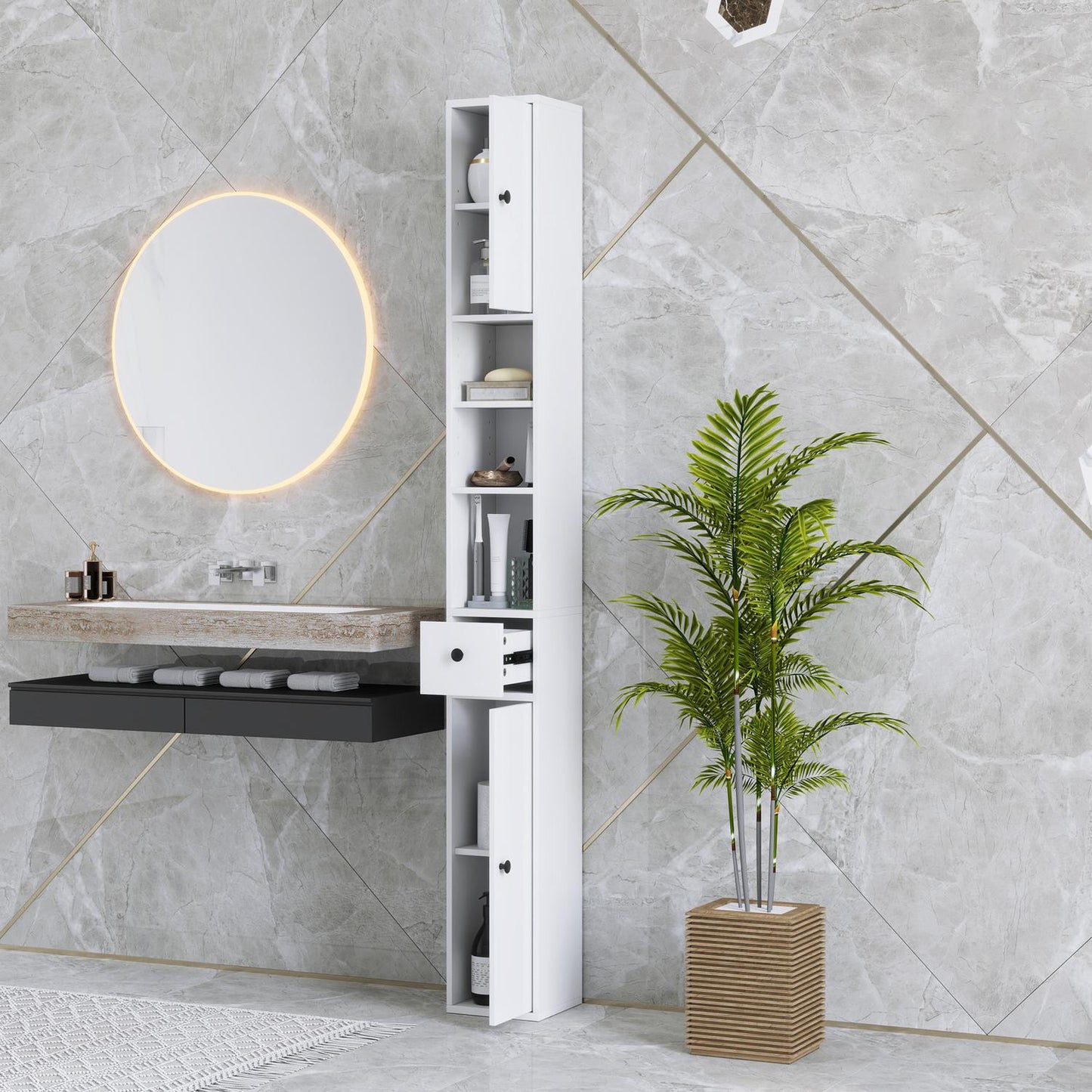 Tall narrow bathroom cabinet, adjustable shelf, white