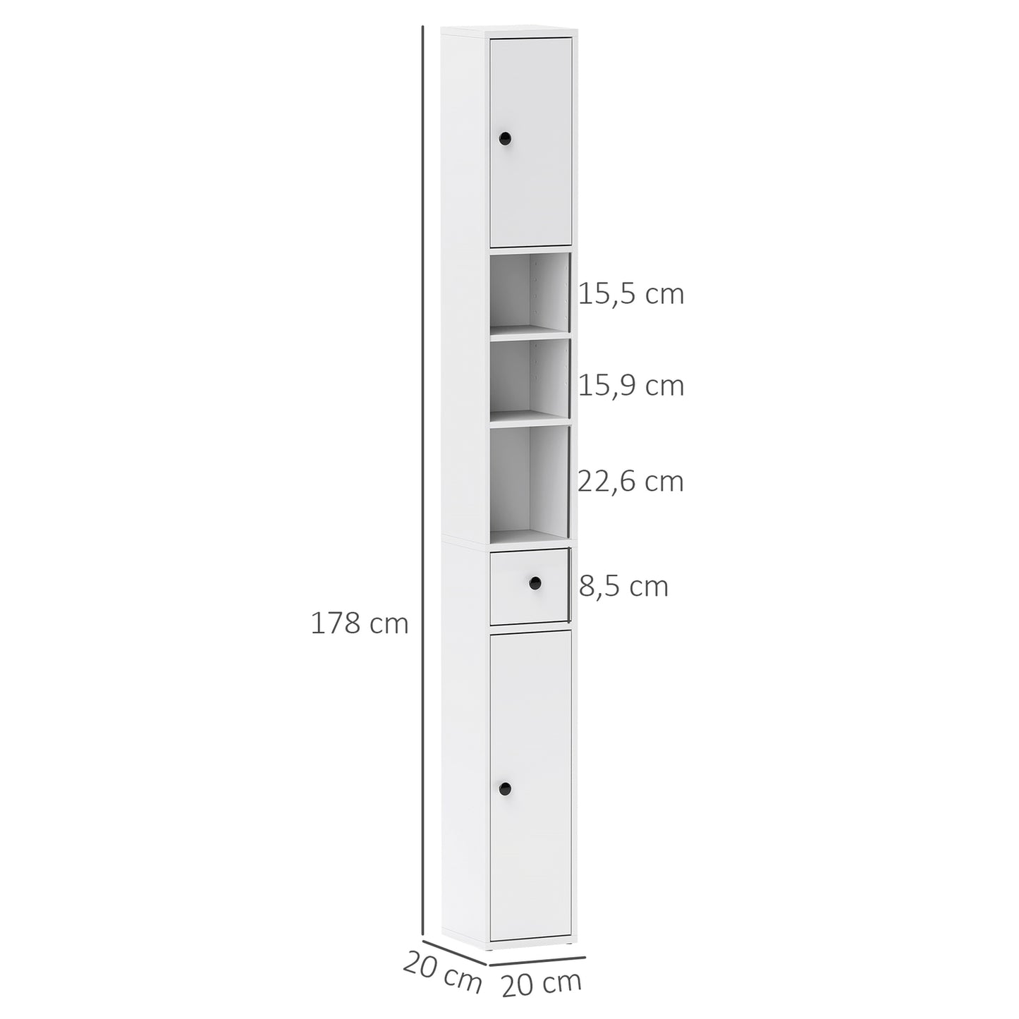 Tall narrow bathroom cabinet, adjustable shelf, white