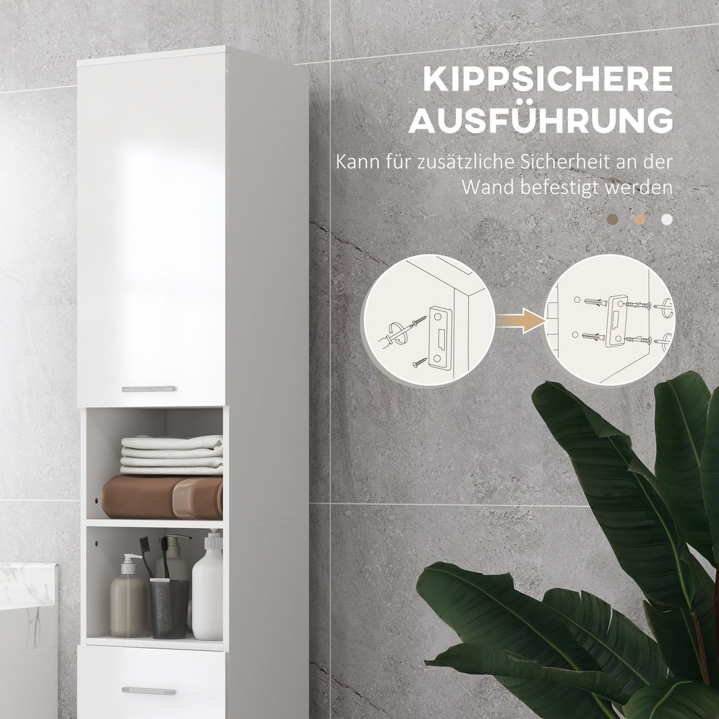 Tall white bathroom cabinet with adjustable shelf and drawers