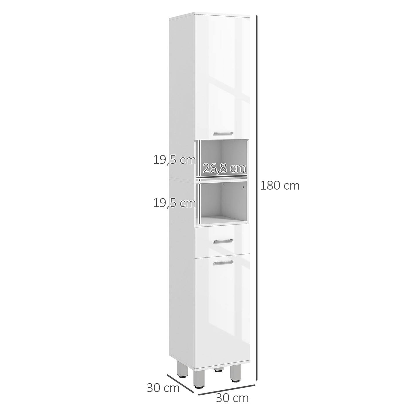 Tall white bathroom cabinet with adjustable shelf and drawers
