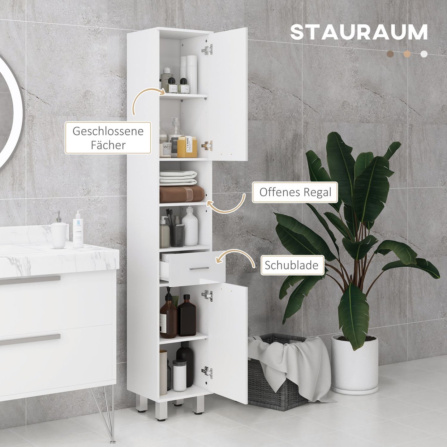 Tall white bathroom cabinet with adjustable shelf and drawers