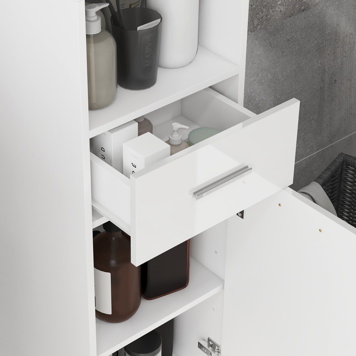 Tall white bathroom cabinet with adjustable shelf and drawers