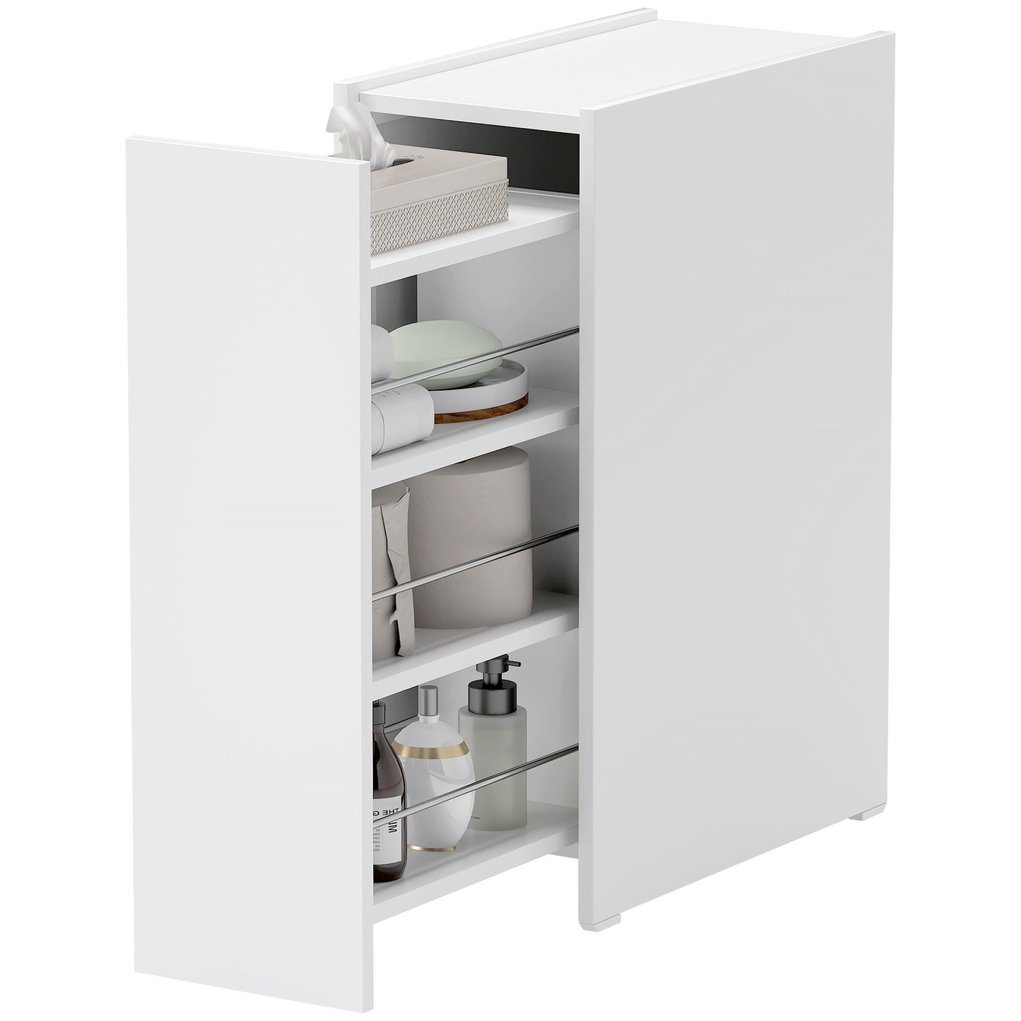 White narrow bathroom cabinet with wheels, 3 drawers
