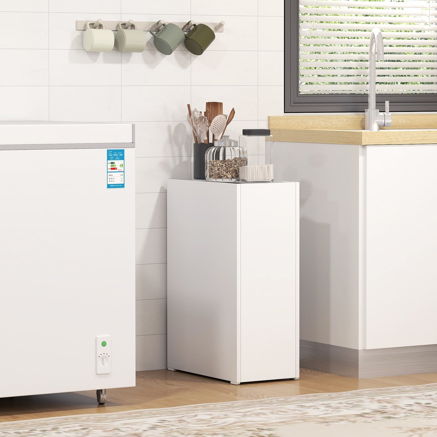 White narrow bathroom cabinet with wheels, 3 drawers