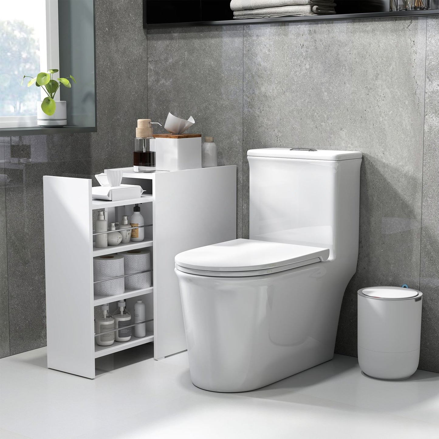 White narrow bathroom cabinet with wheels, 3 drawers