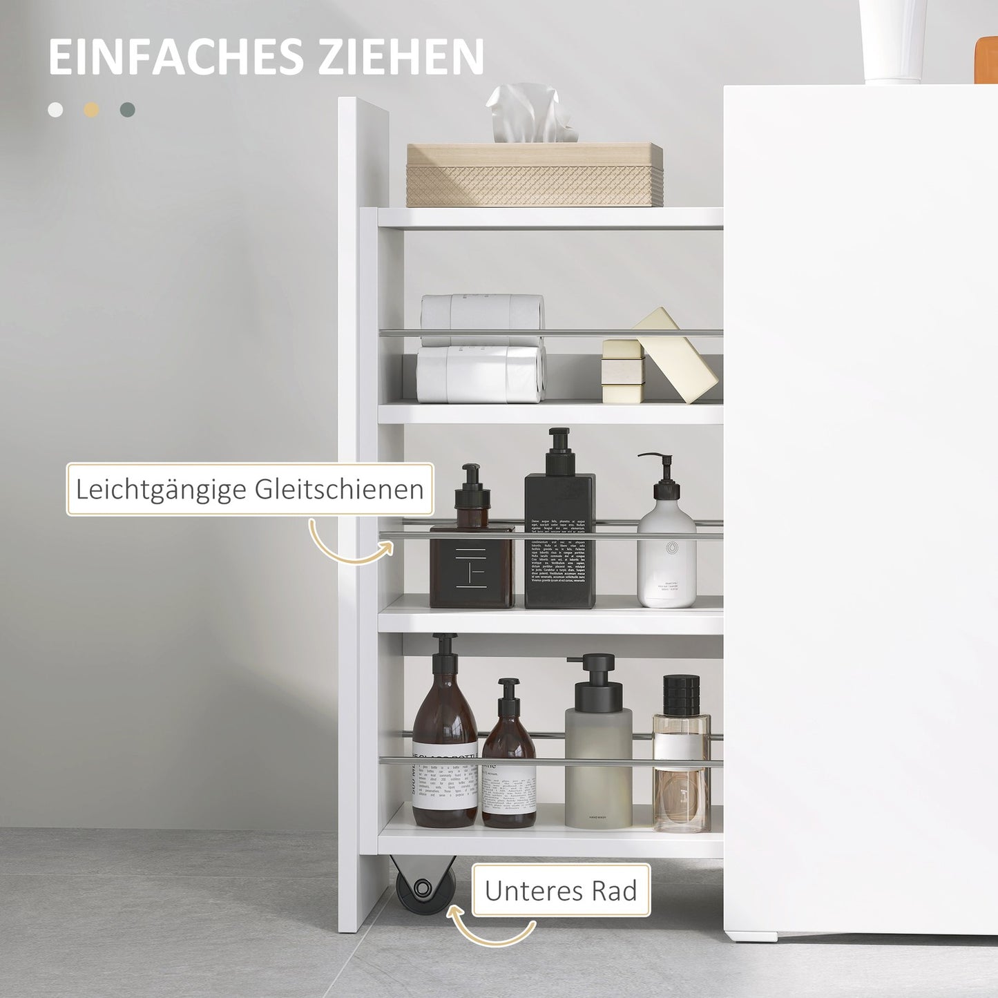 White narrow bathroom cabinet with wheels, 3 drawers