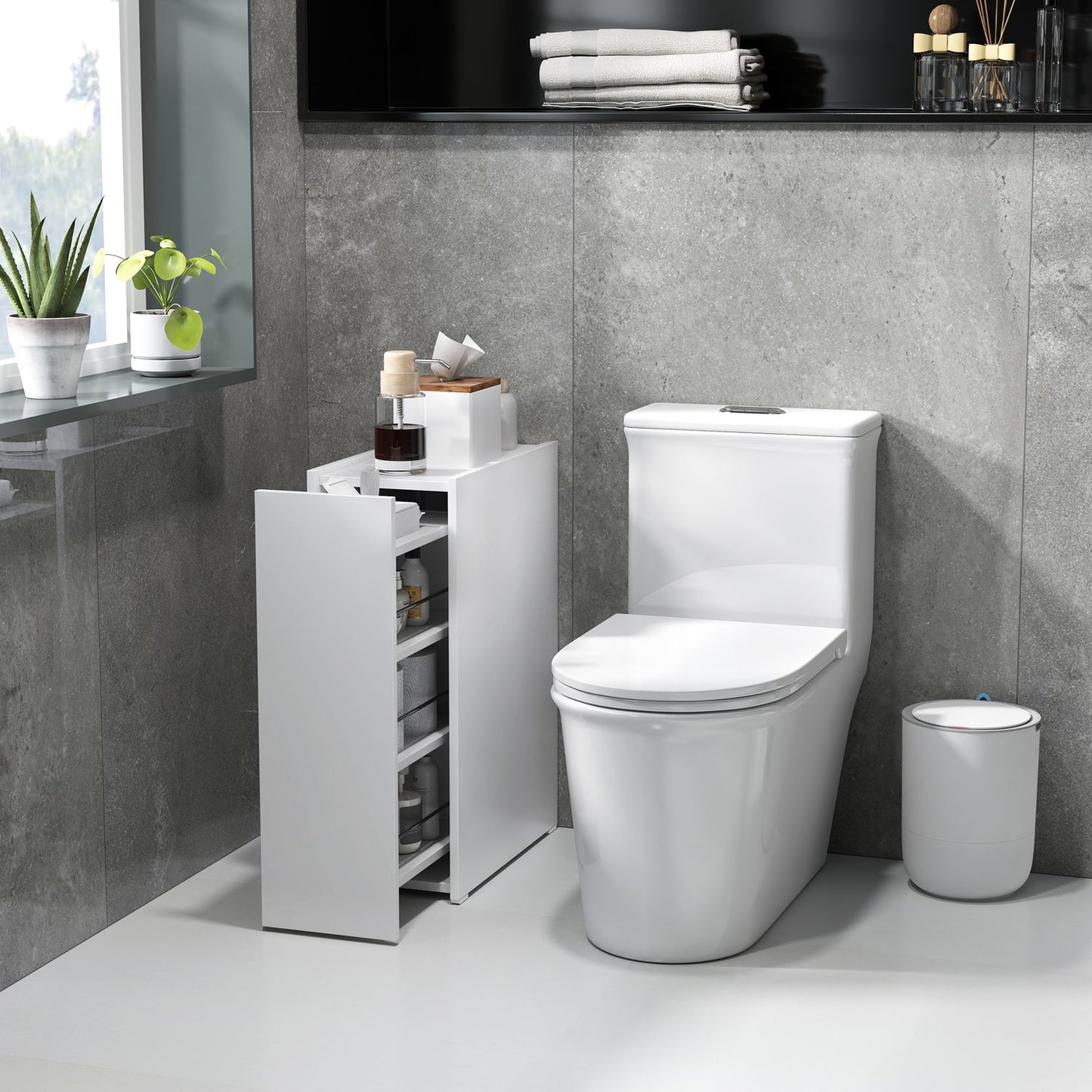 White narrow bathroom cabinet with wheels, 3 drawers