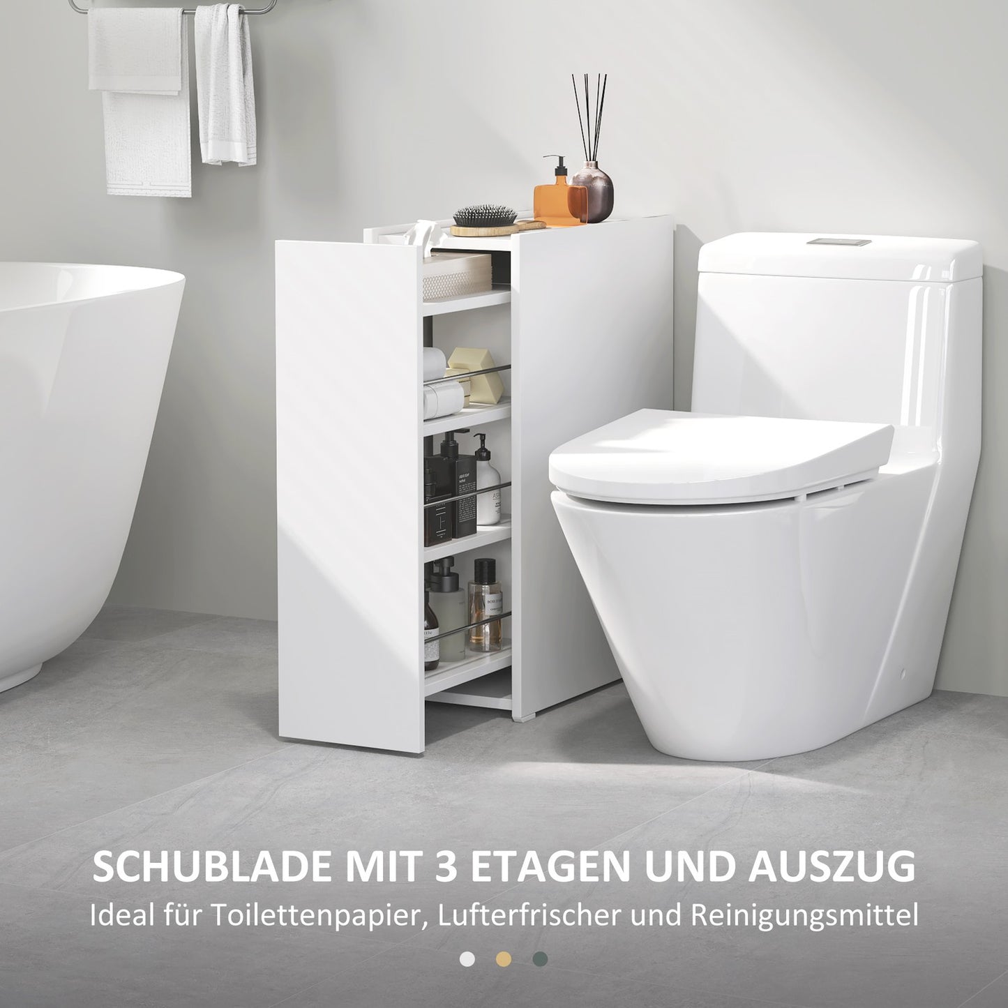 White narrow bathroom cabinet with wheels, 3 drawers