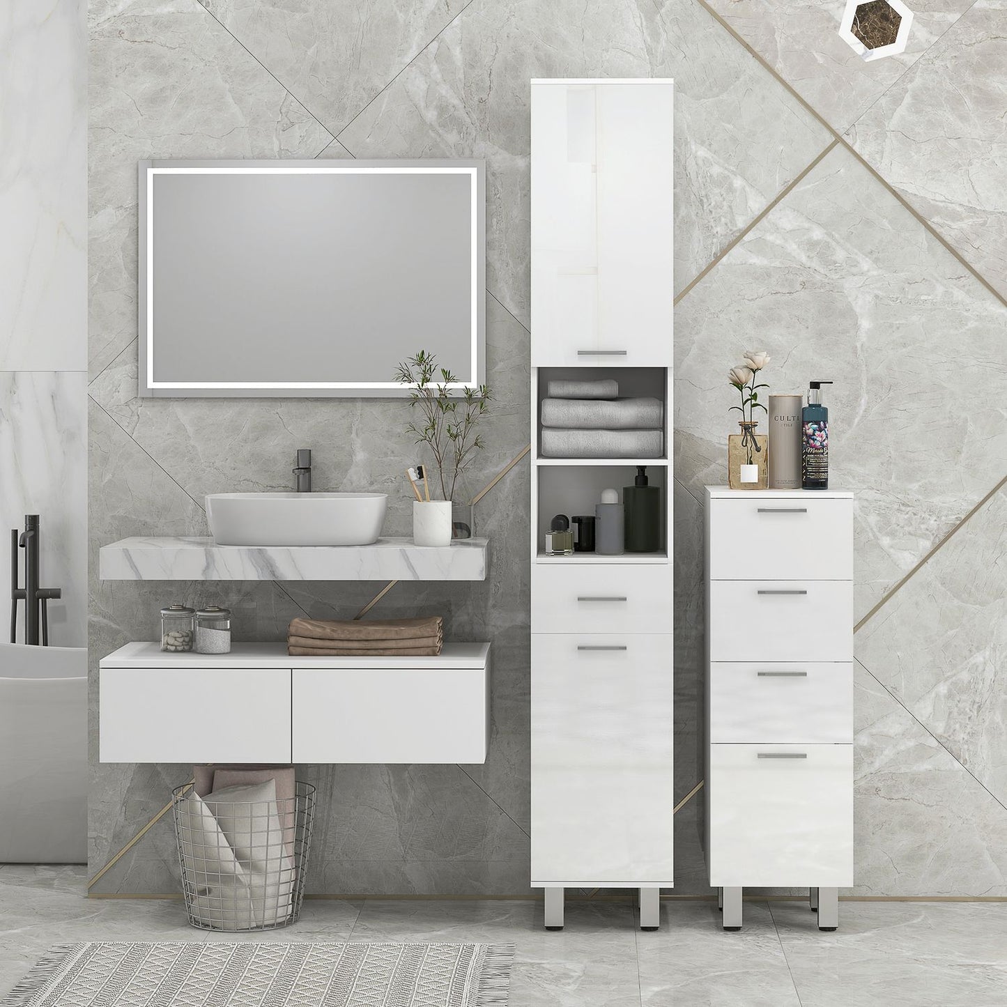 Slim white bathroom cabinet, adjustable shelf & 3 drawers