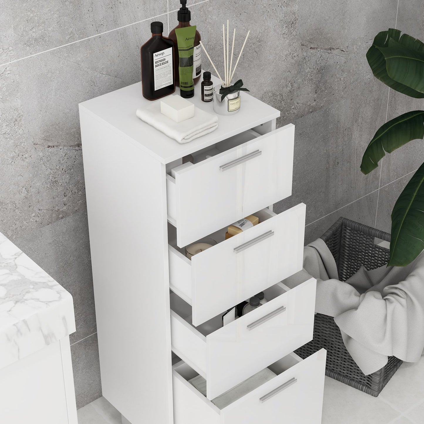 Slim white bathroom cabinet, adjustable shelf & 3 drawers
