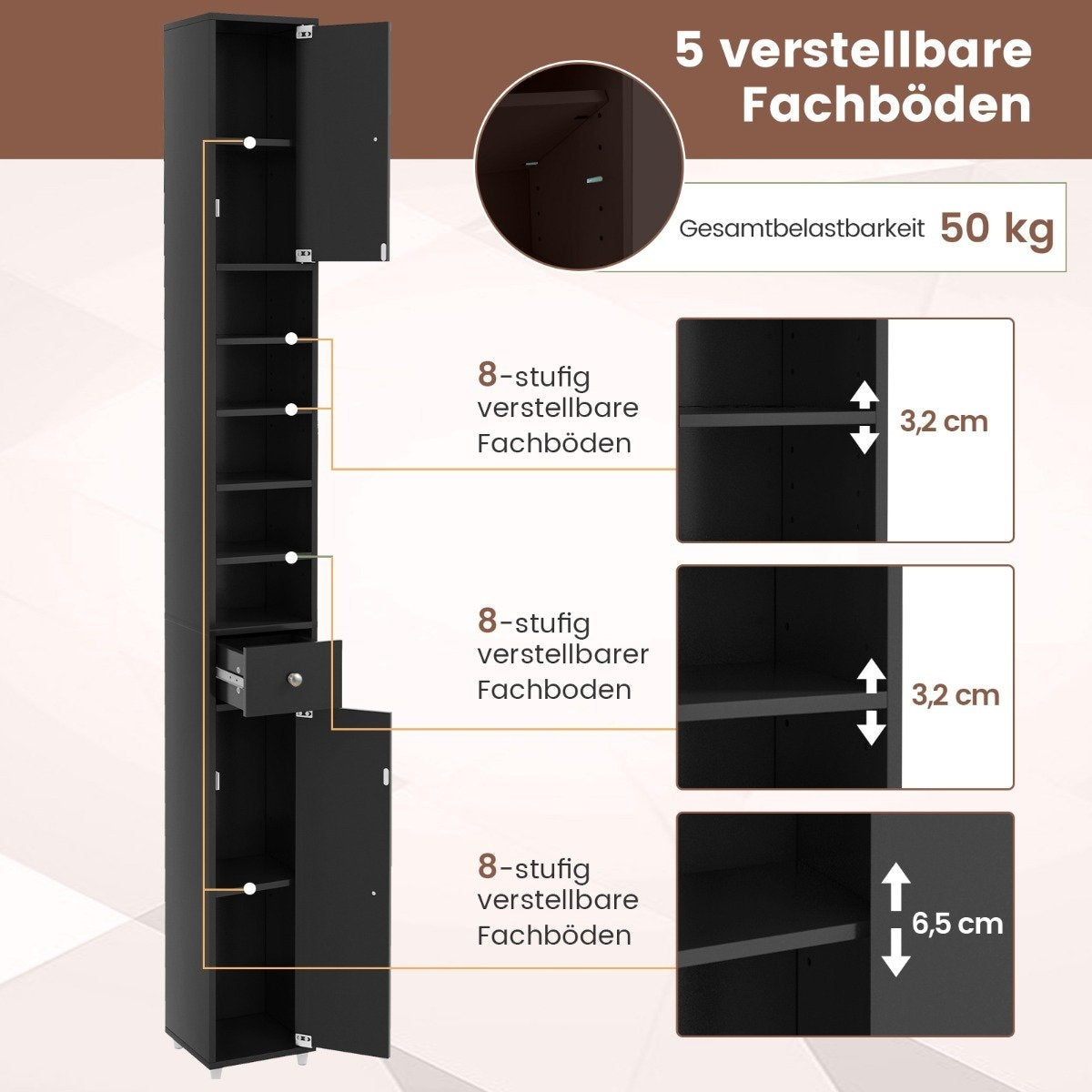 Narrow bathroom cabinet with 2 doors & 1 drawer tall cabinet 20 x 20 x 180 cm black
