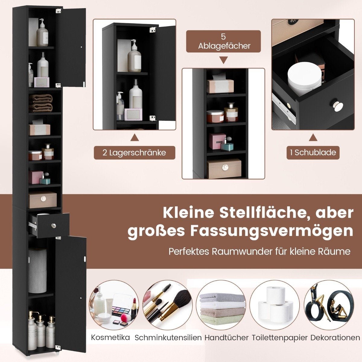 Narrow bathroom cabinet with 2 doors & 1 drawer tall cabinet 20 x 20 x 180 cm black