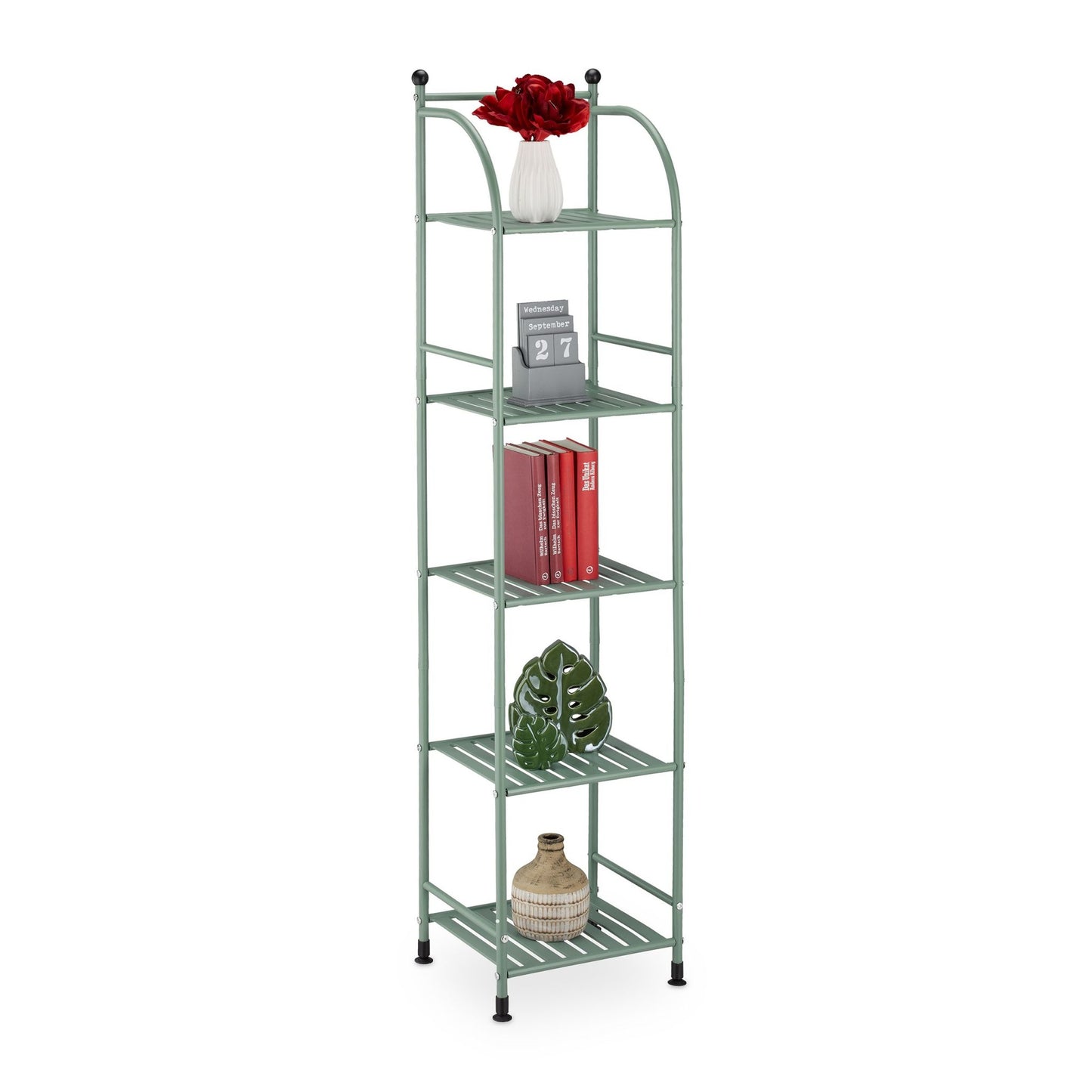 Narrow floor-standing shelf with 5 shelves