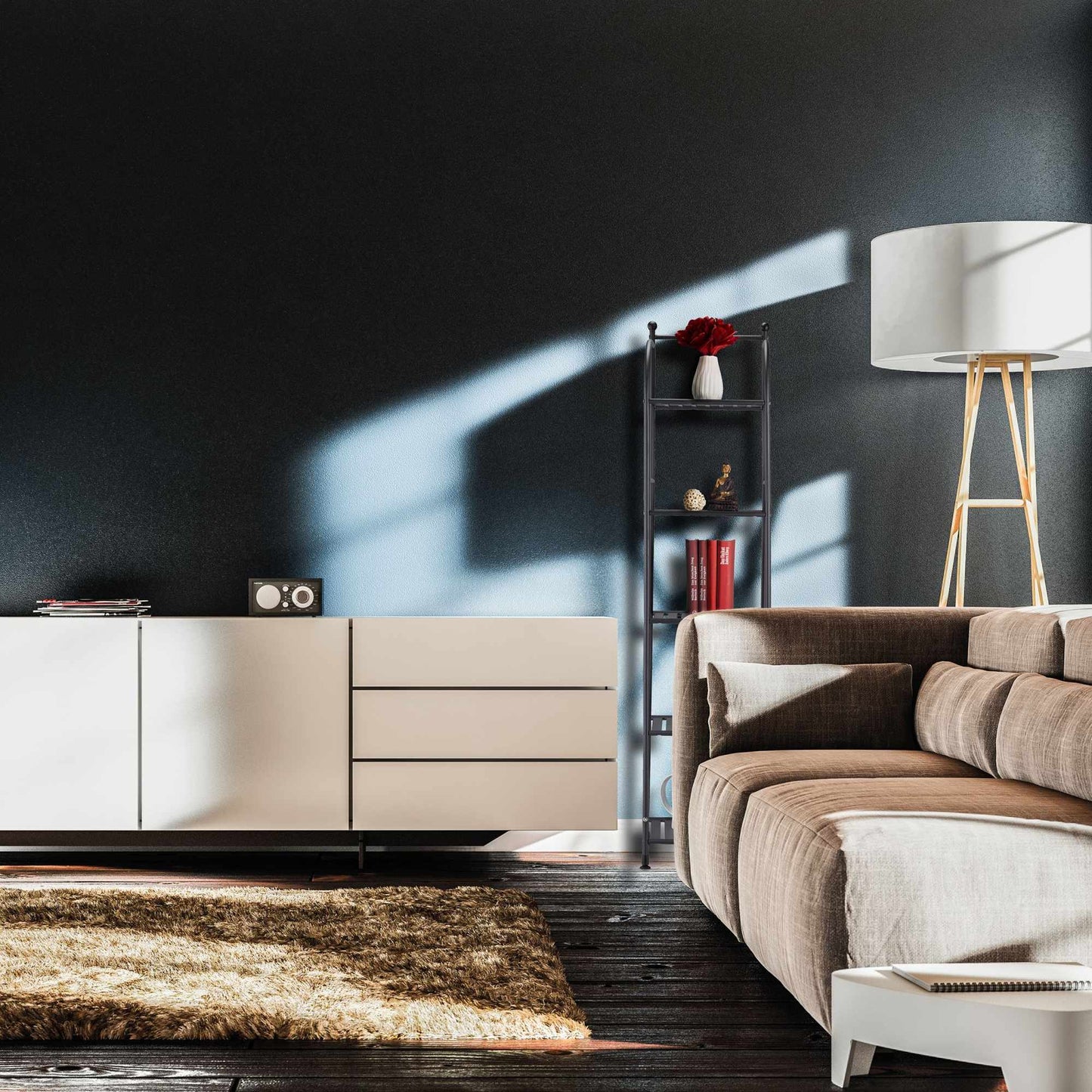 Narrow floor-standing shelf with 5 shelves