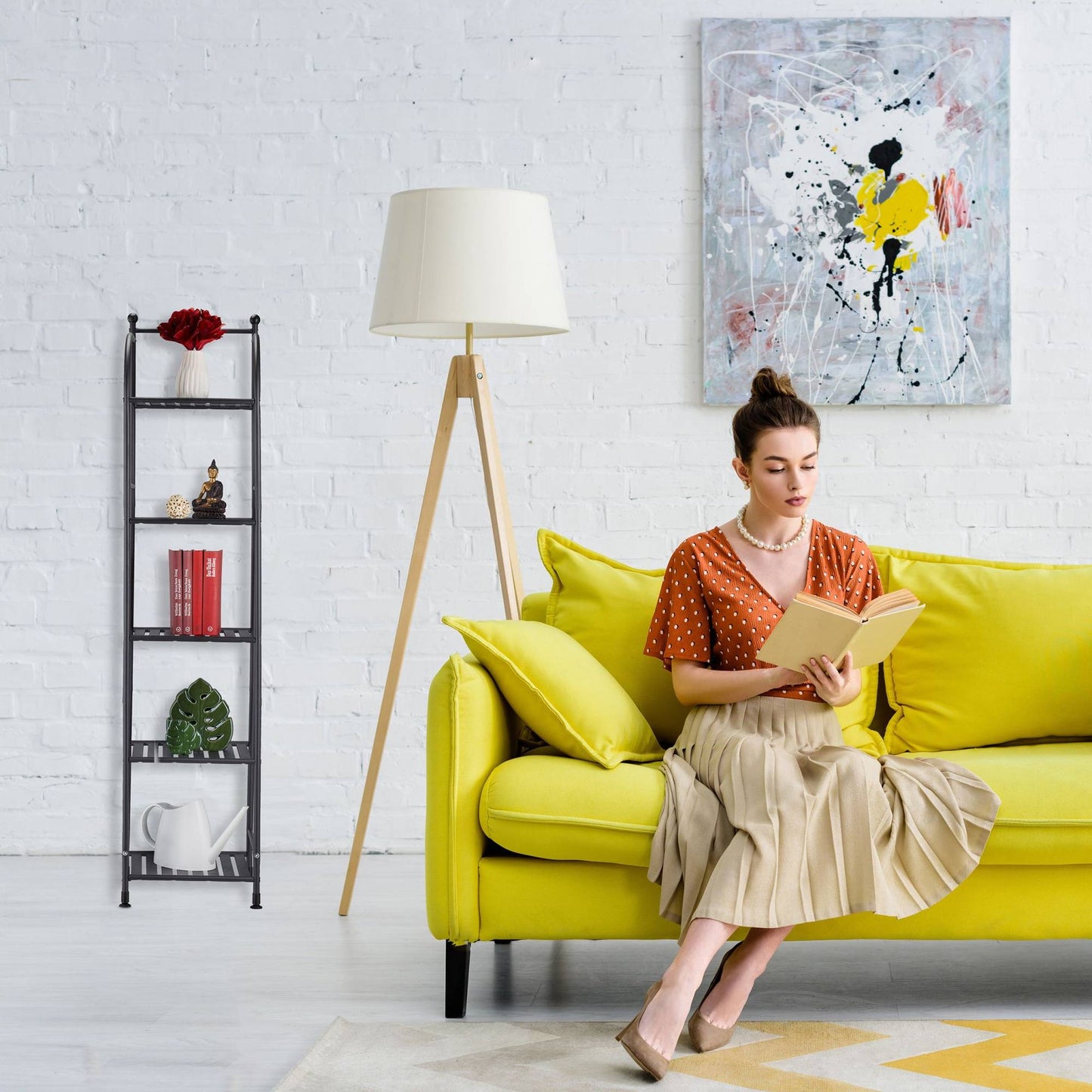 Narrow floor-standing shelf with 5 shelves