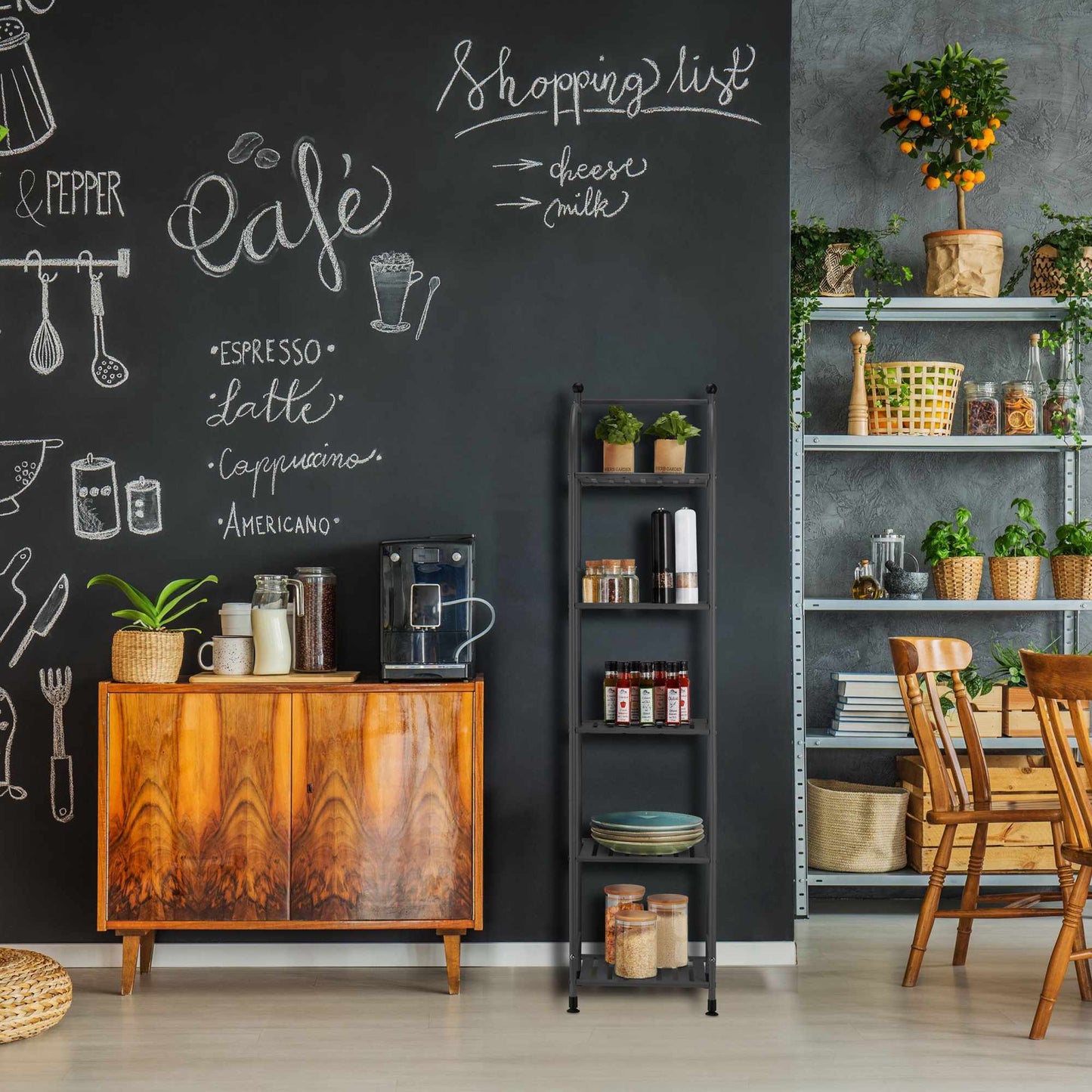 Narrow floor-standing shelf with 5 shelves