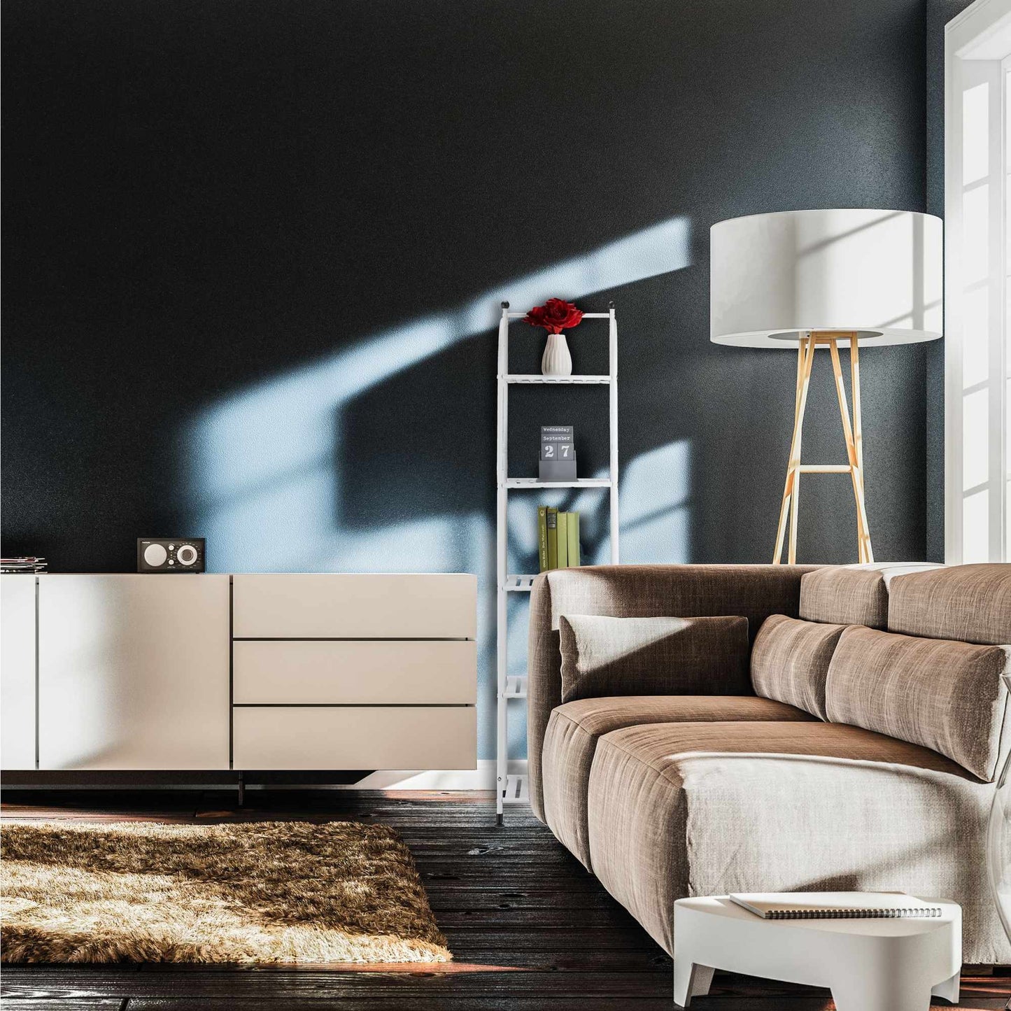 Narrow floor-standing shelf with 5 shelves